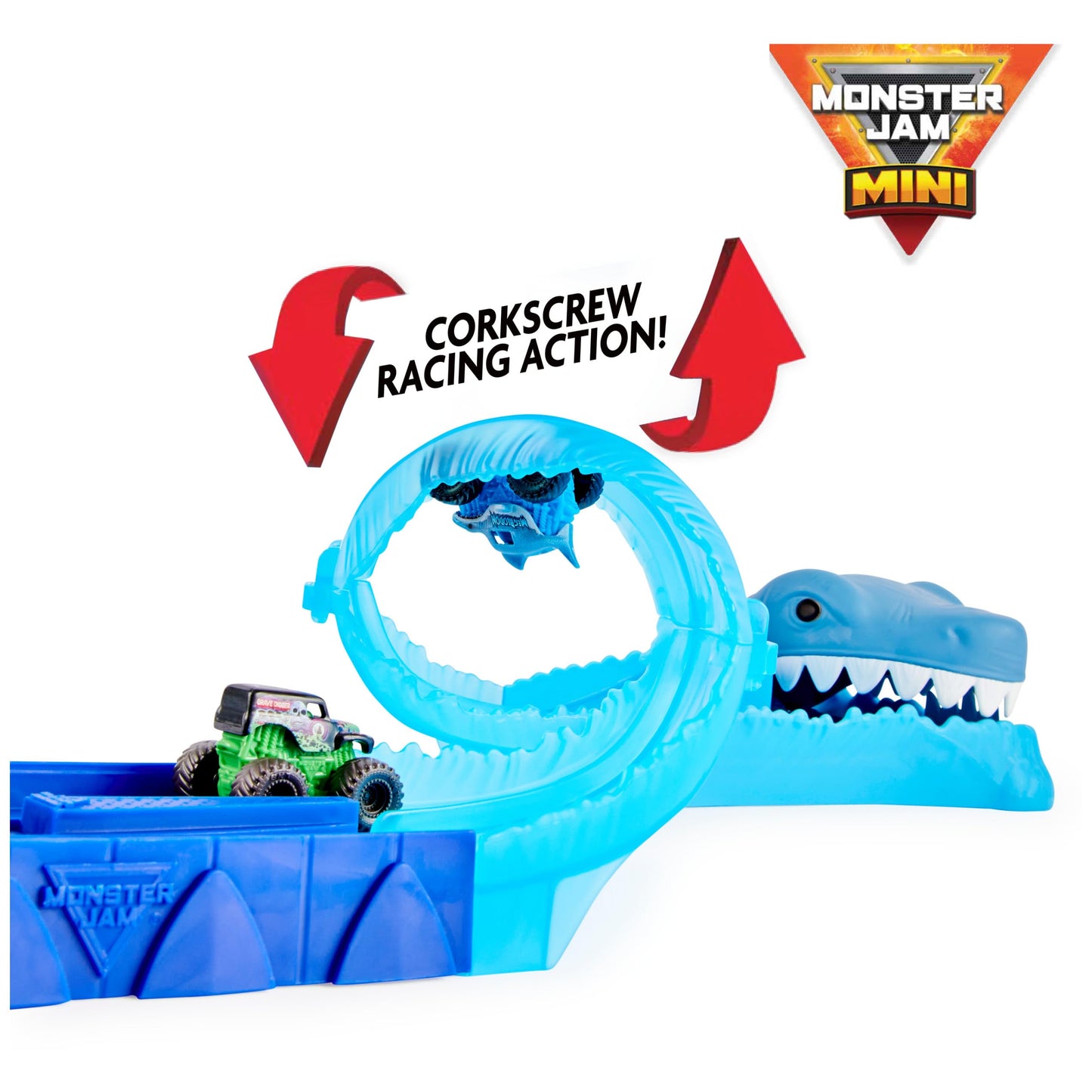 Monster Jam Mini Megalodon Race & Chomp Playset — 2 Exclusive Trucks, 1:87 Scale