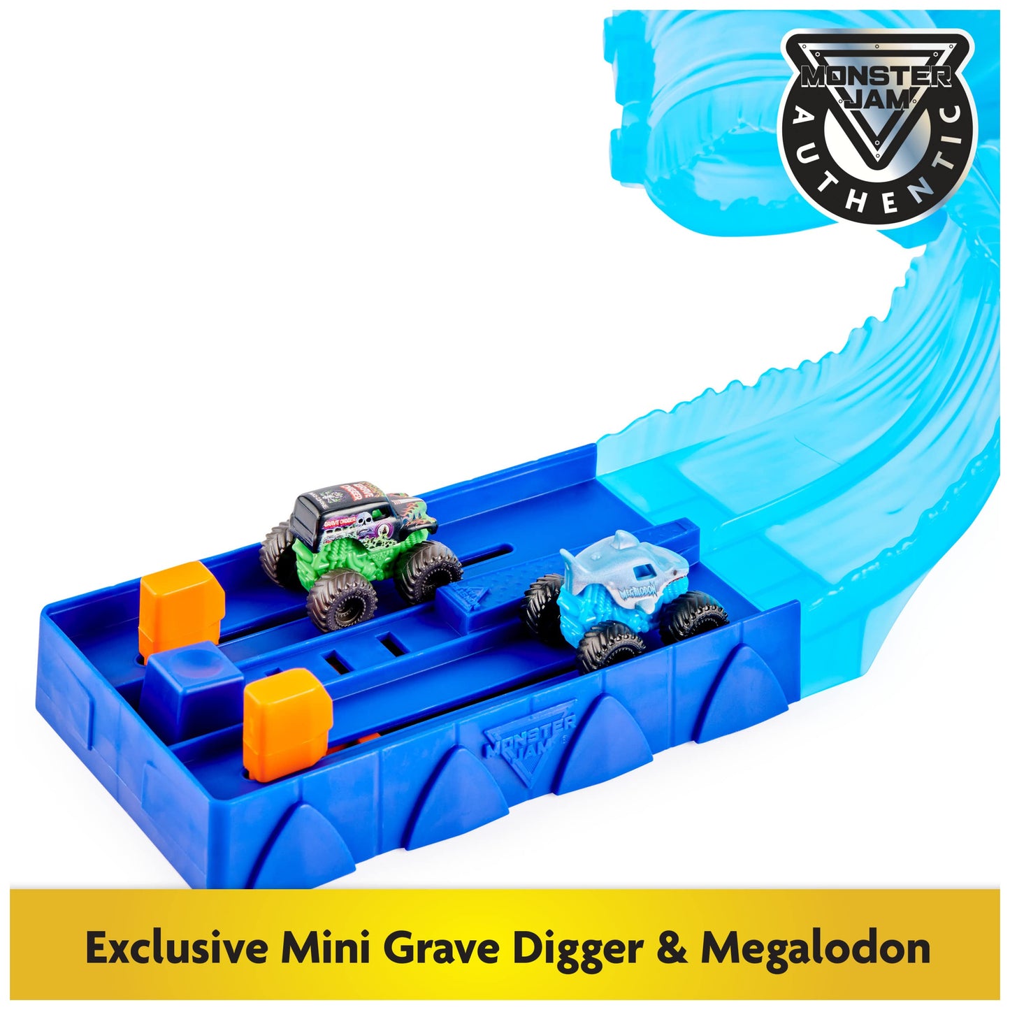 Monster Jam Mini Megalodon Race & Chomp Playset — 2 Exclusive Trucks, 1:87 Scale