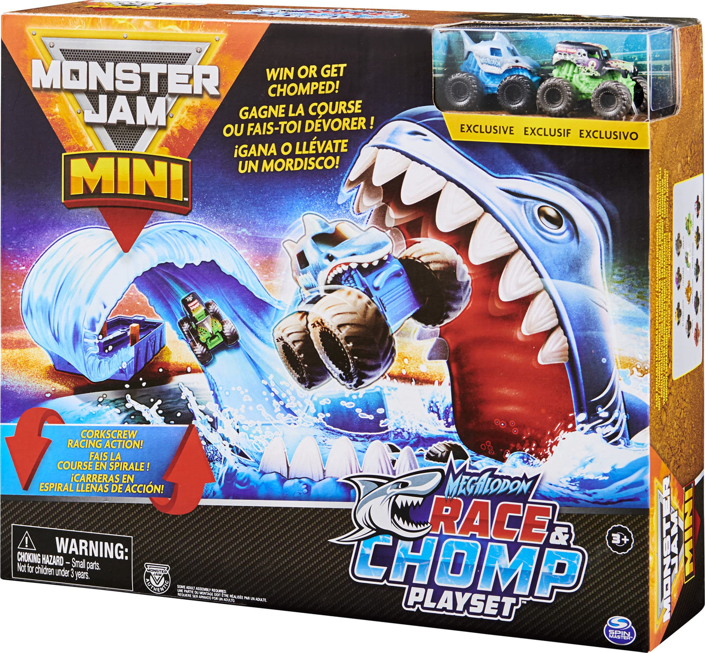 Monster Jam Mini Megalodon Race & Chomp Playset — 2 Exclusive Trucks, 1:87 Scale