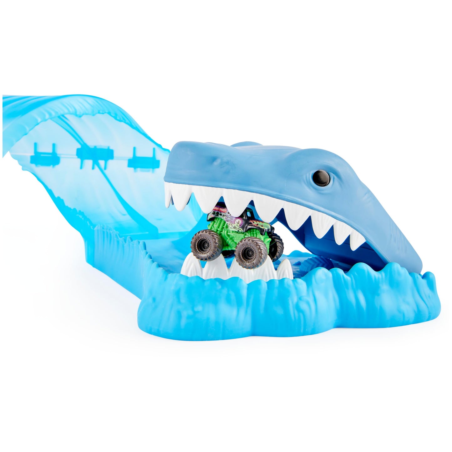 Monster Jam Mini Megalodon Race & Chomp Playset — 2 Exclusive Trucks, 1:87 Scale