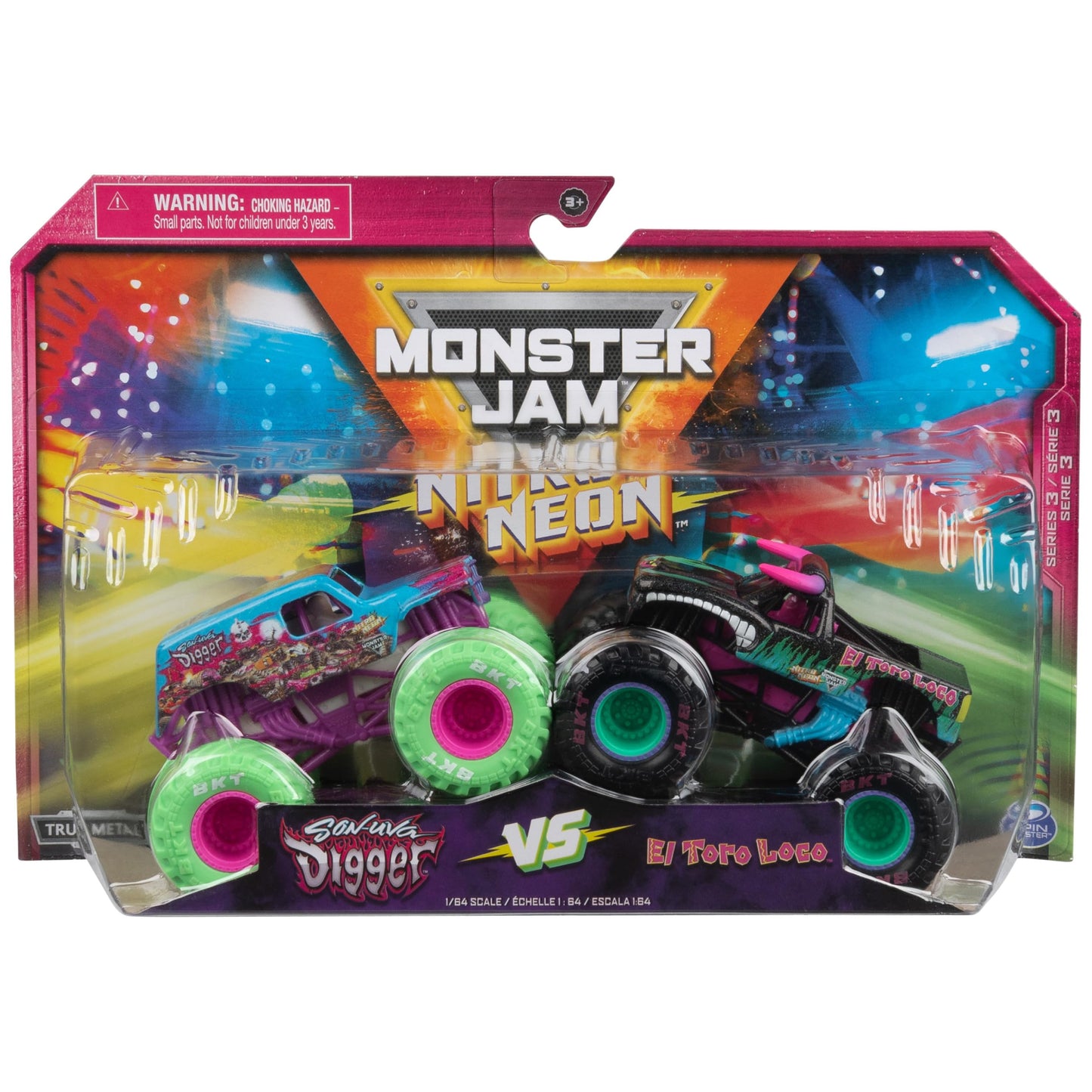 Monster Jam Nitro Neon 2-Pack: Son-uva Digger vs El Toro Loco 1:64 Die-Cast Trucks Walmart Exclusive