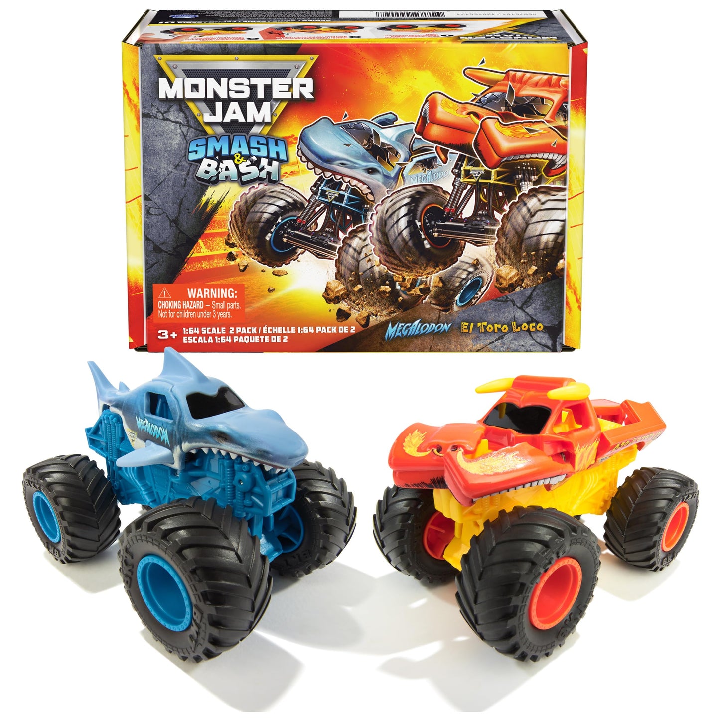 Monster Jam Smash & Bash 2-Pack: Megalodon & El Toro Loco – 1:64 Die-Cast Trucks