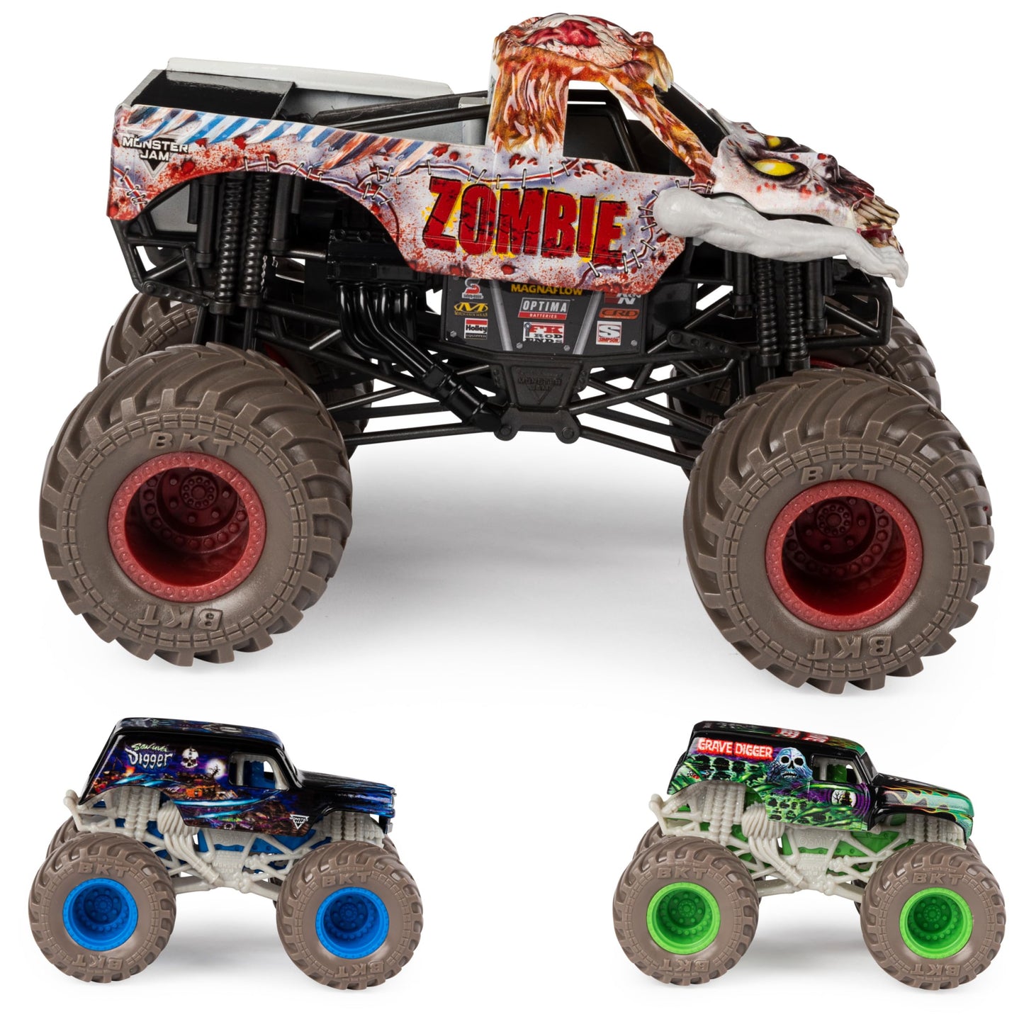Monster Jam Full Moon Frenzy 3-Pack Die-Cast Trucks — Exclusive 1:24 Zombie & 1:64 Grave Digger & Son-Uva Digger