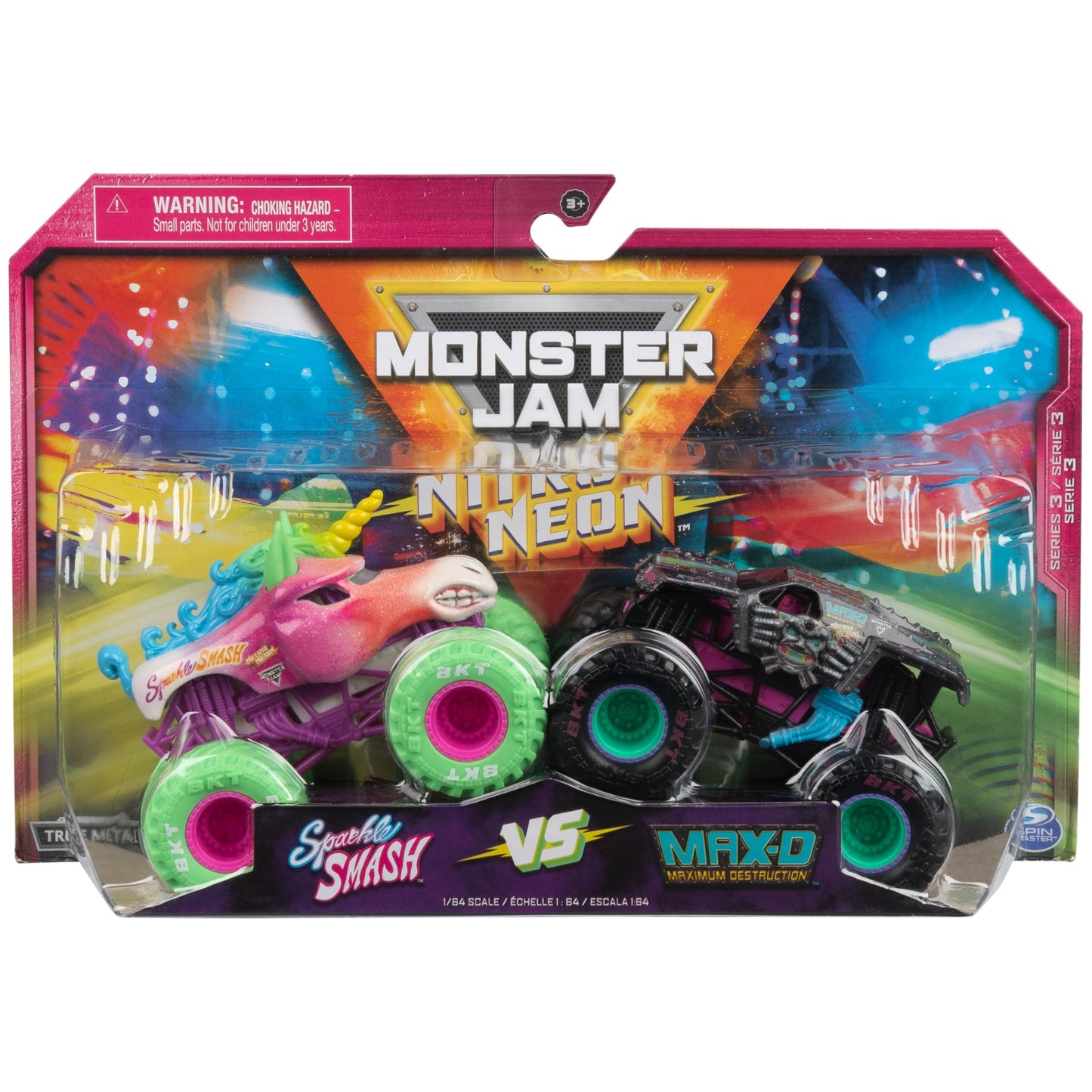 Monster Jam Nitro Neon 1:64 Two-Pack: Sparkle Smash vs Max-D – Official Die-Cast Trucks