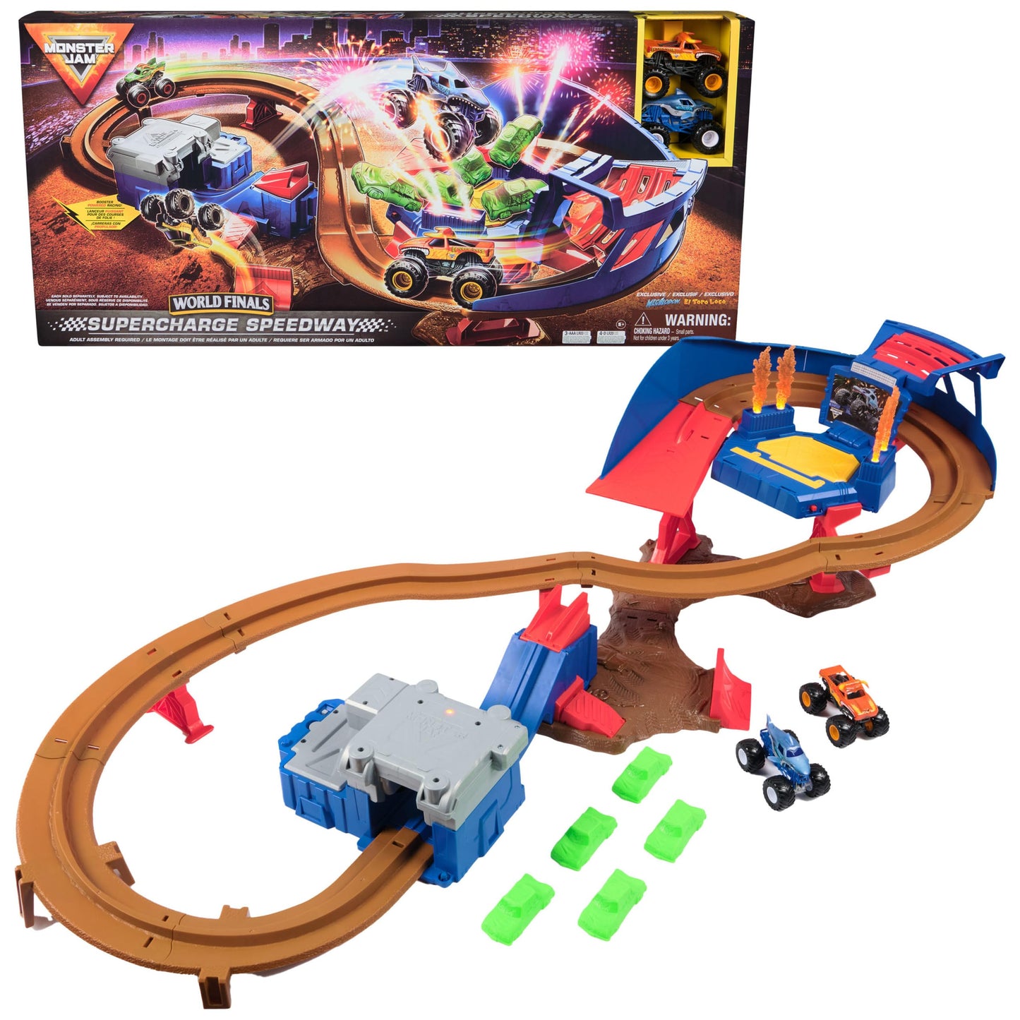 Monster Jam Supercharge Speedway Playset – Megalodon & El Toro Loco 1:64 Trucks, Light-Up World Finals Track