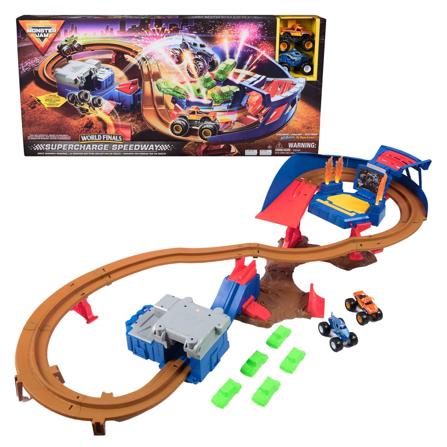 Monster Jam Supercharge Speedway Playset – 24-Inch Monster Dirt Arena with 2 Lbs Monster Dirt and Exclusive 1:64 Die-Cast Trucks