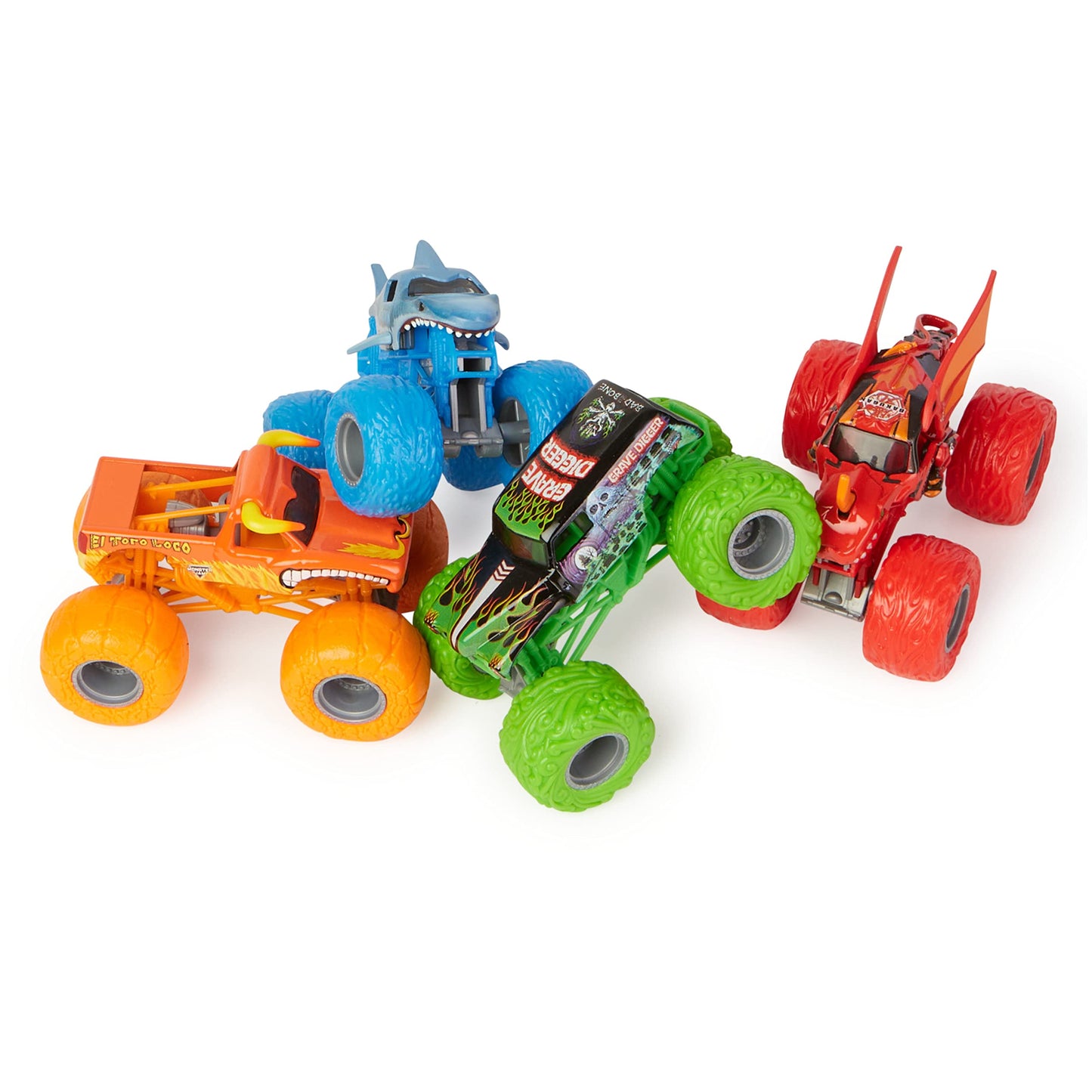 Monster Jam Tough Treads 1:64 Die-Cast 4-Pack – El Toro Loco, Megalodon, Grave Digger, Bakugan Dragonoid