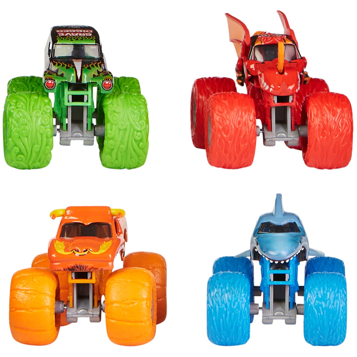 Monster Jam Tough Treads 1:64 Die-Cast 4-Pack – El Toro Loco, Megalodon, Grave Digger, Bakugan Dragonoid