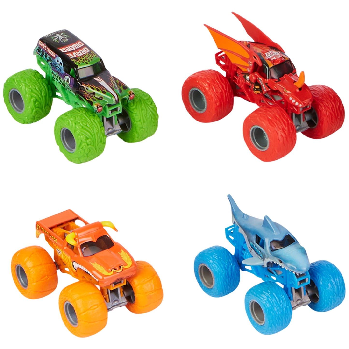 Monster Jam Tough Treads 1:64 Die-Cast 4-Pack – El Toro Loco, Megalodon, Grave Digger, Bakugan Dragonoid