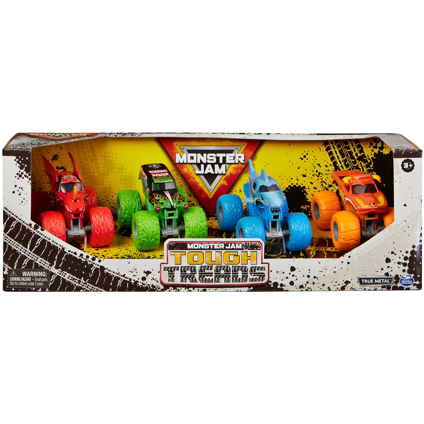 Monster Jam Tough Treads 1:64 Die-Cast 4-Pack – El Toro Loco, Megalodon, Grave Digger, Bakugan Dragonoid