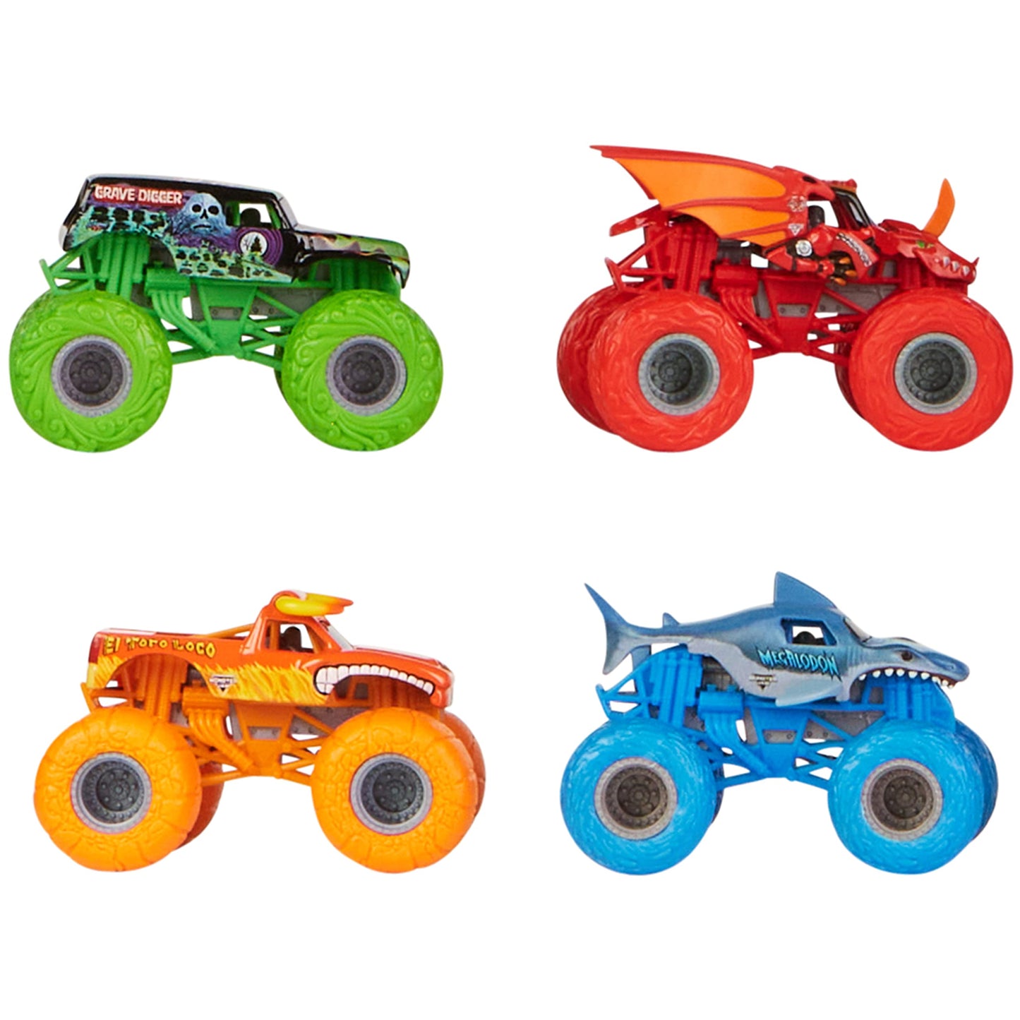 Monster Jam Tough Treads 1:64 Die-Cast 4-Pack – El Toro Loco, Megalodon, Grave Digger, Bakugan Dragonoid