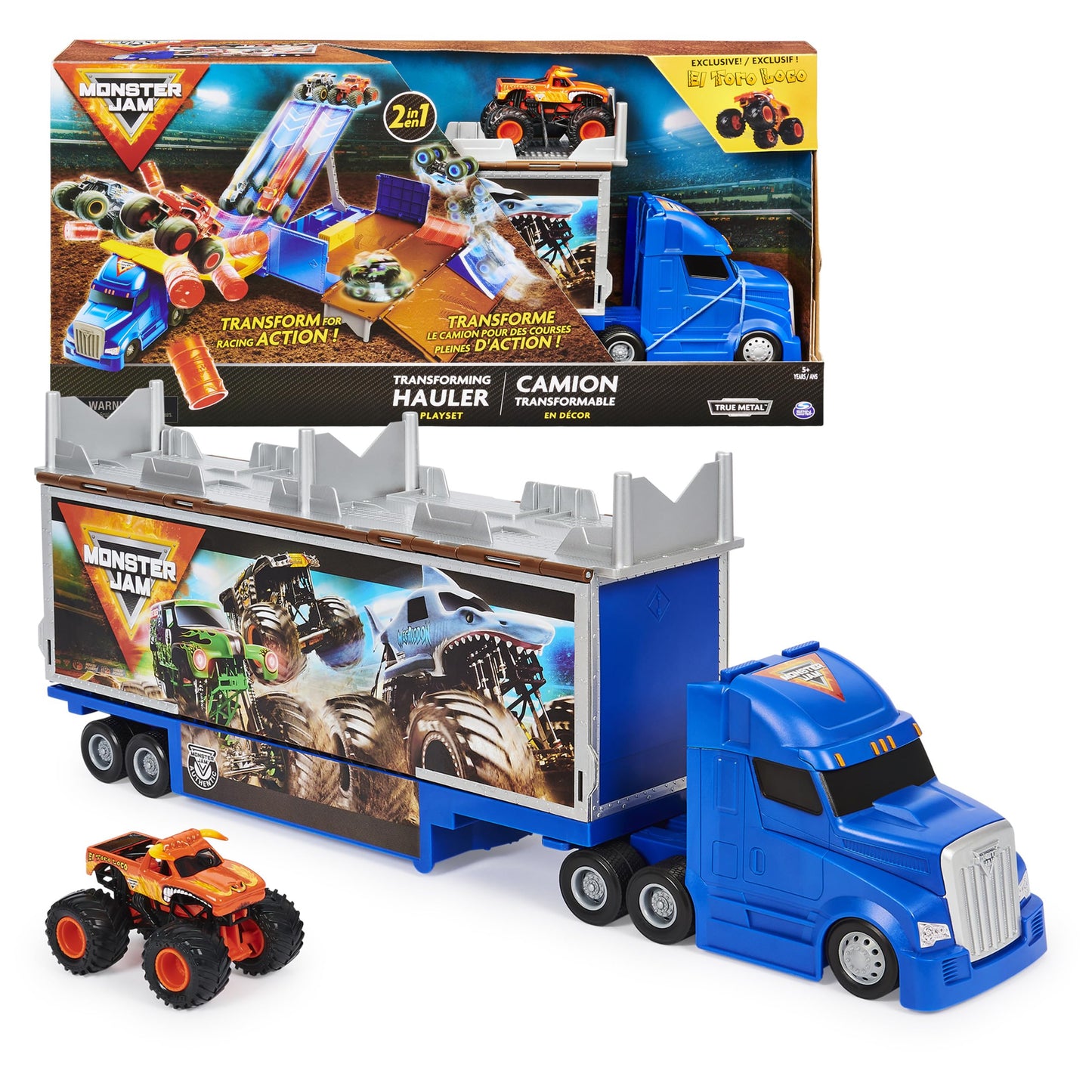 Monster Jam Transforming Hauler Playset with Exclusive El Toro Loco Truck | 1:64 Scale
