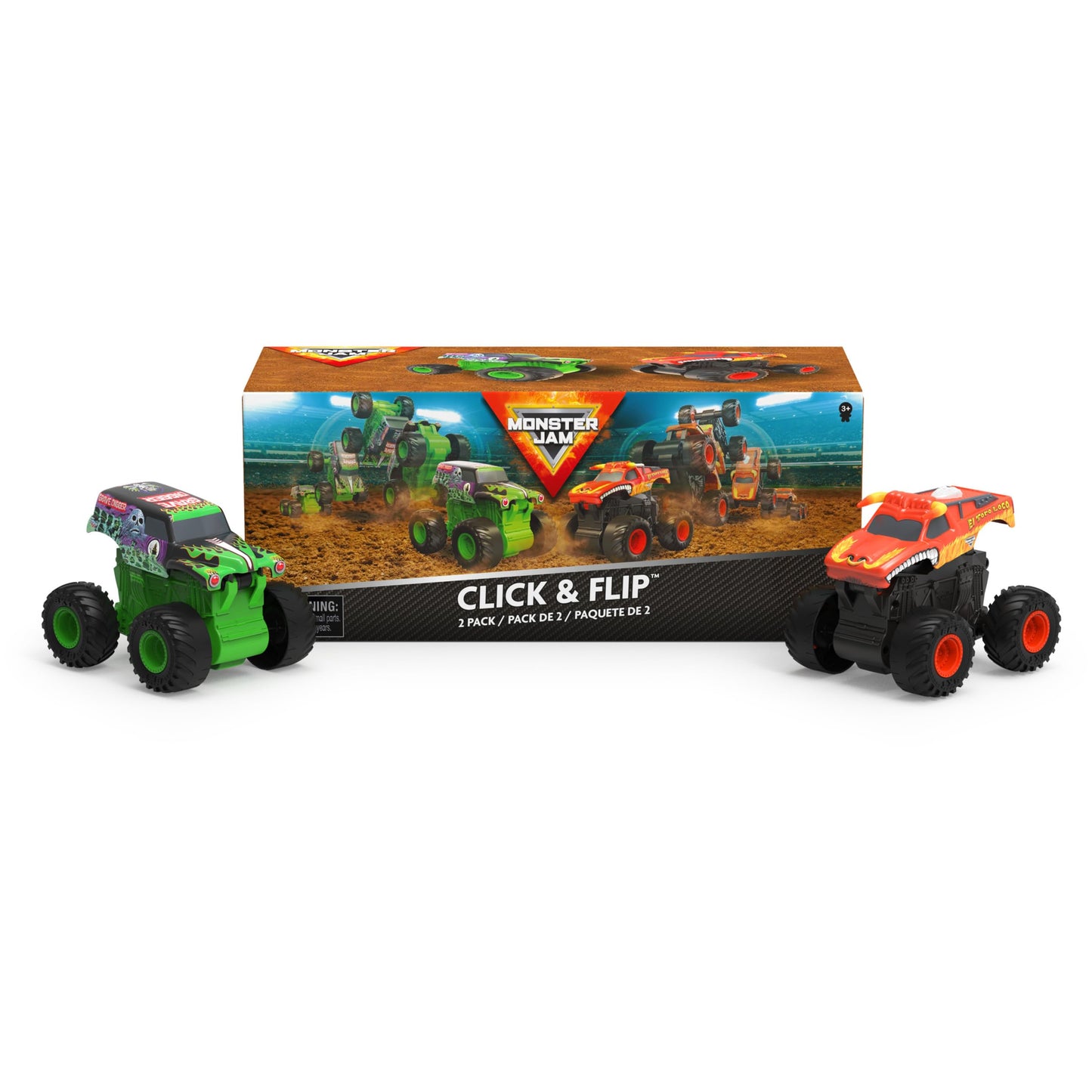 Monster Jam 1:43 Click & Flip Grave Digger & El Toro Loco 2-Pack – Front Flip Monster Trucks