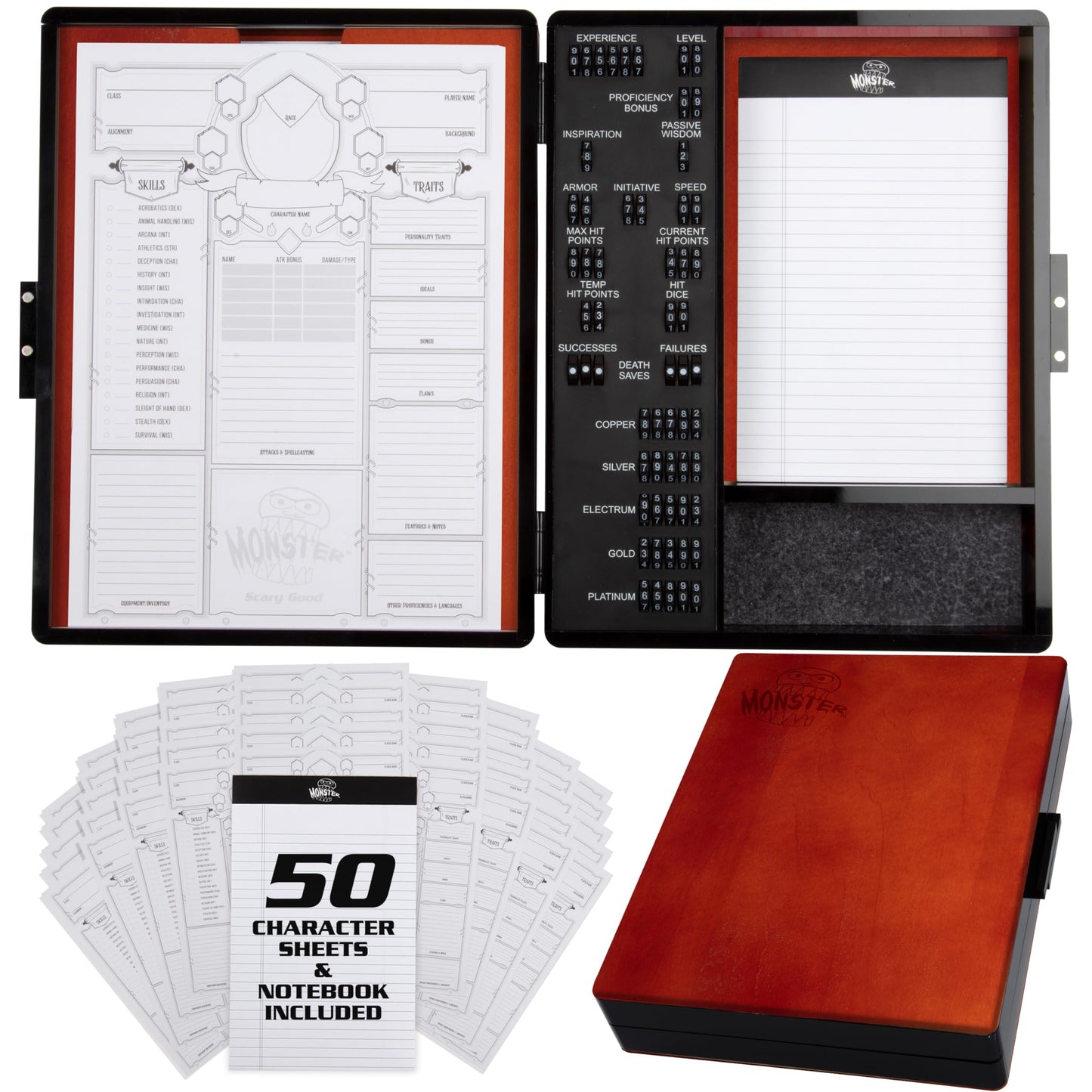 Monster Protectors Wooden Deluxe RPG Stat Tracker Case – Felt Tray & Magnetic Closure