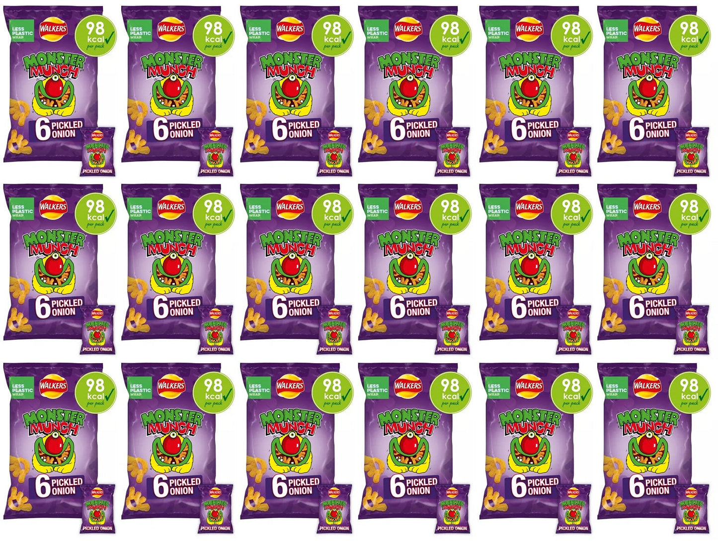 18 x Walkers Monster Munch Pickled Onion Multipack Snacks 6X20G