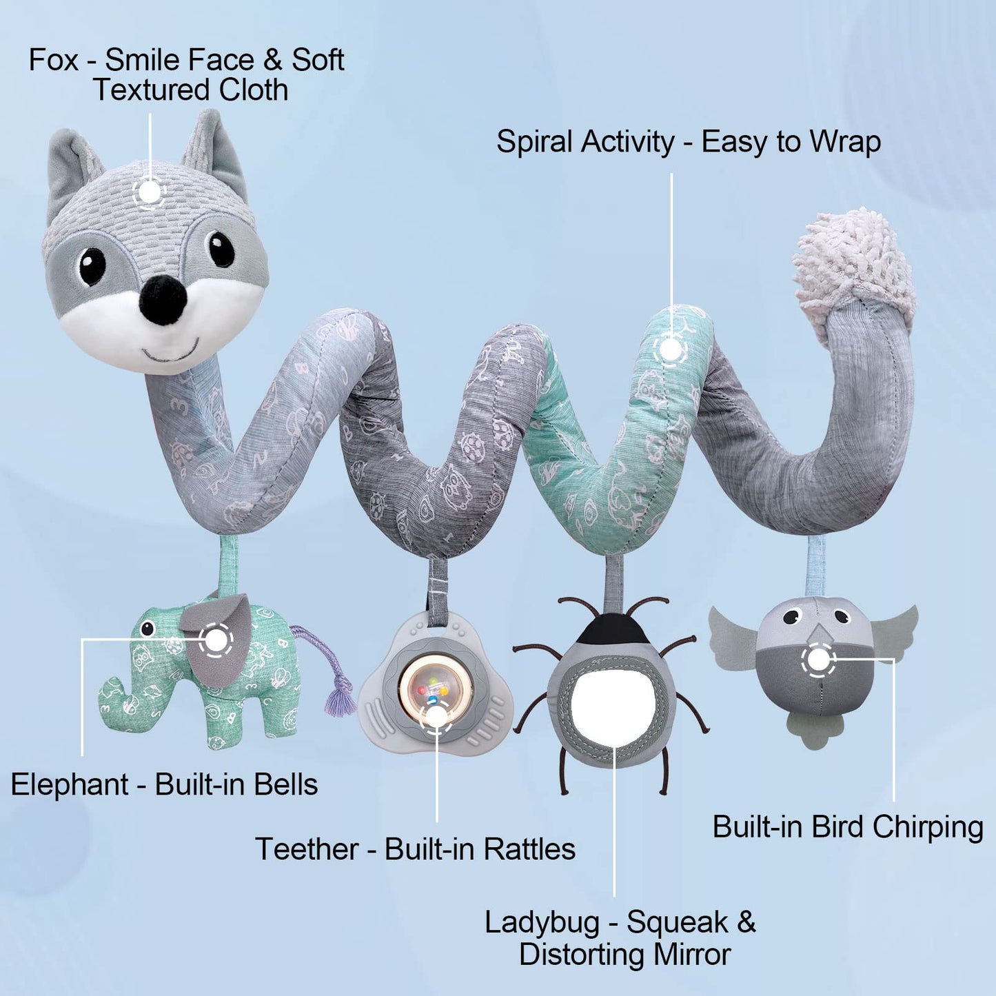 MONSTIME Car Seat Toys for Babies 0-6 Months – Music Rattle, Teether & Mirror