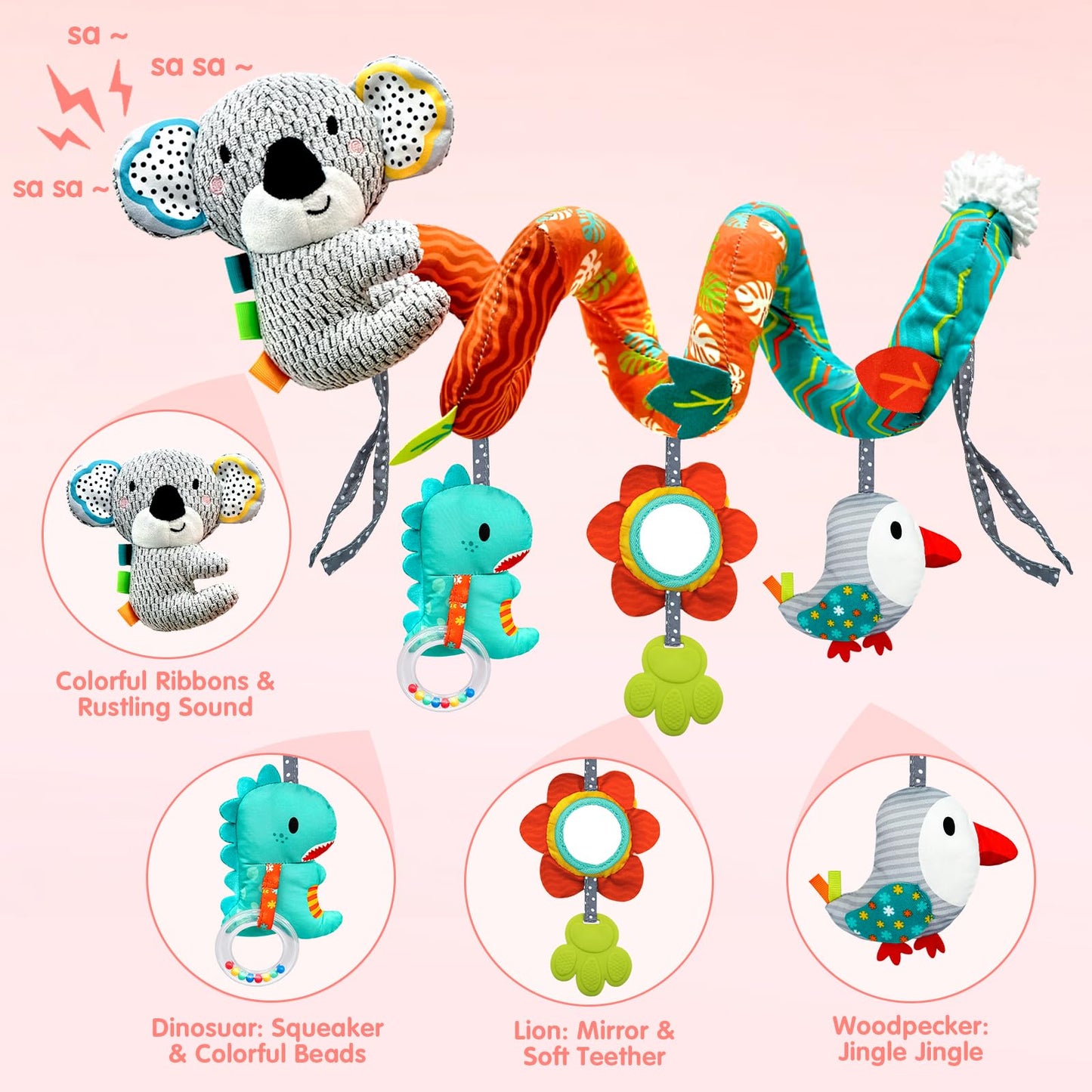 MONSTIME Car Seat Toys for Babies 0-6 Months | Newborn Toy Set with Mirror, Rattle & Teether