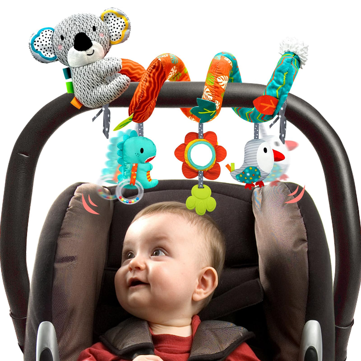 MONSTIME Car Seat Toys for Babies 0-6 Months | Newborn Toy Set with Mirror, Rattle & Teether