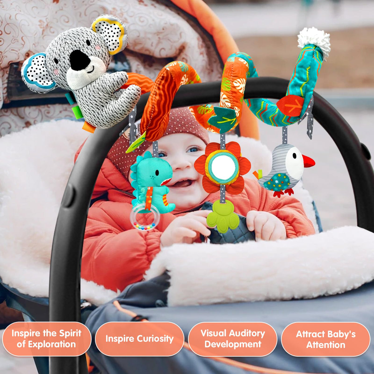 MONSTIME Car Seat Toys for Babies 0-6 Months | Newborn Toy Set with Mirror, Rattle & Teether