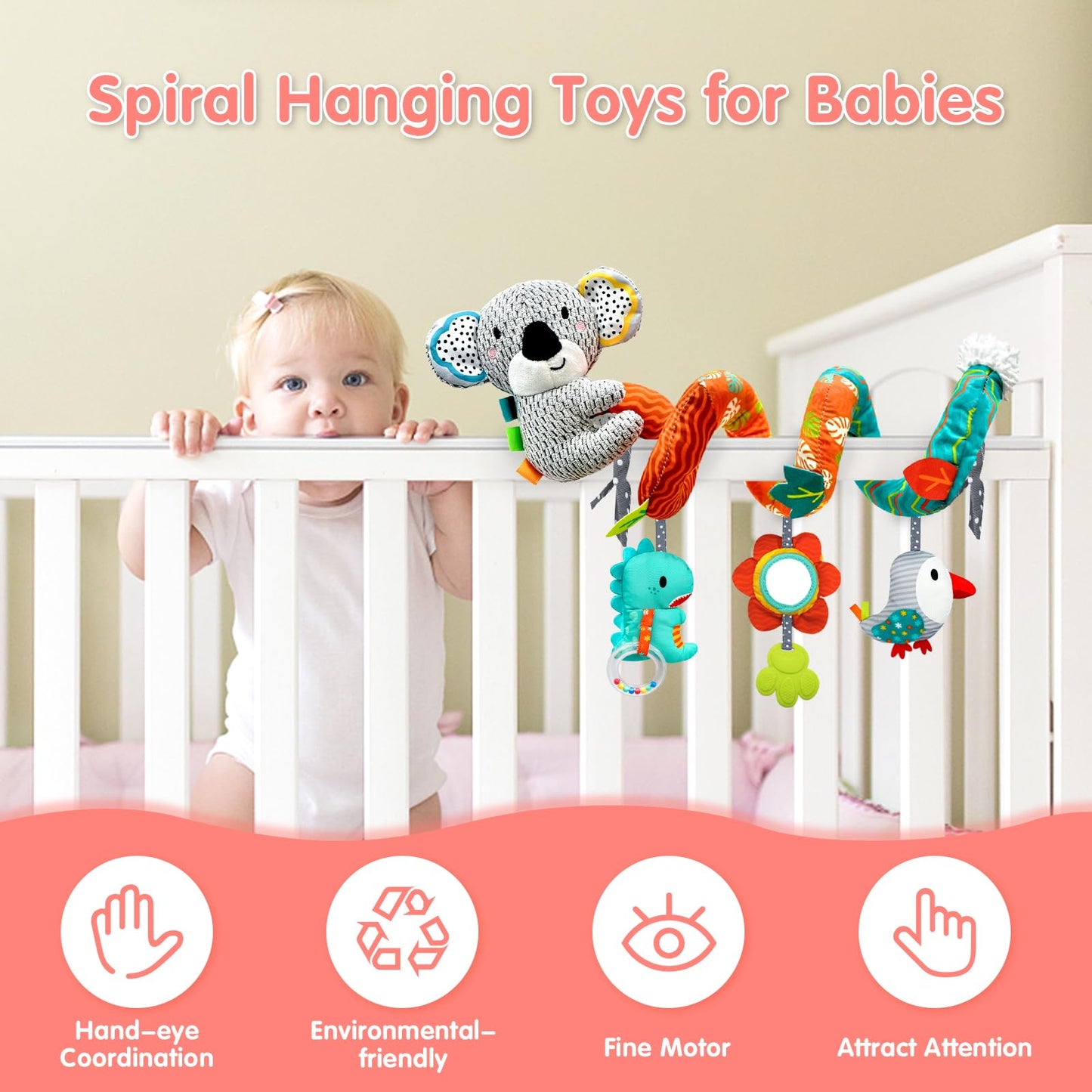MONSTIME Car Seat Toys for Babies 0-6 Months | Newborn Toy Set with Mirror, Rattle & Teether