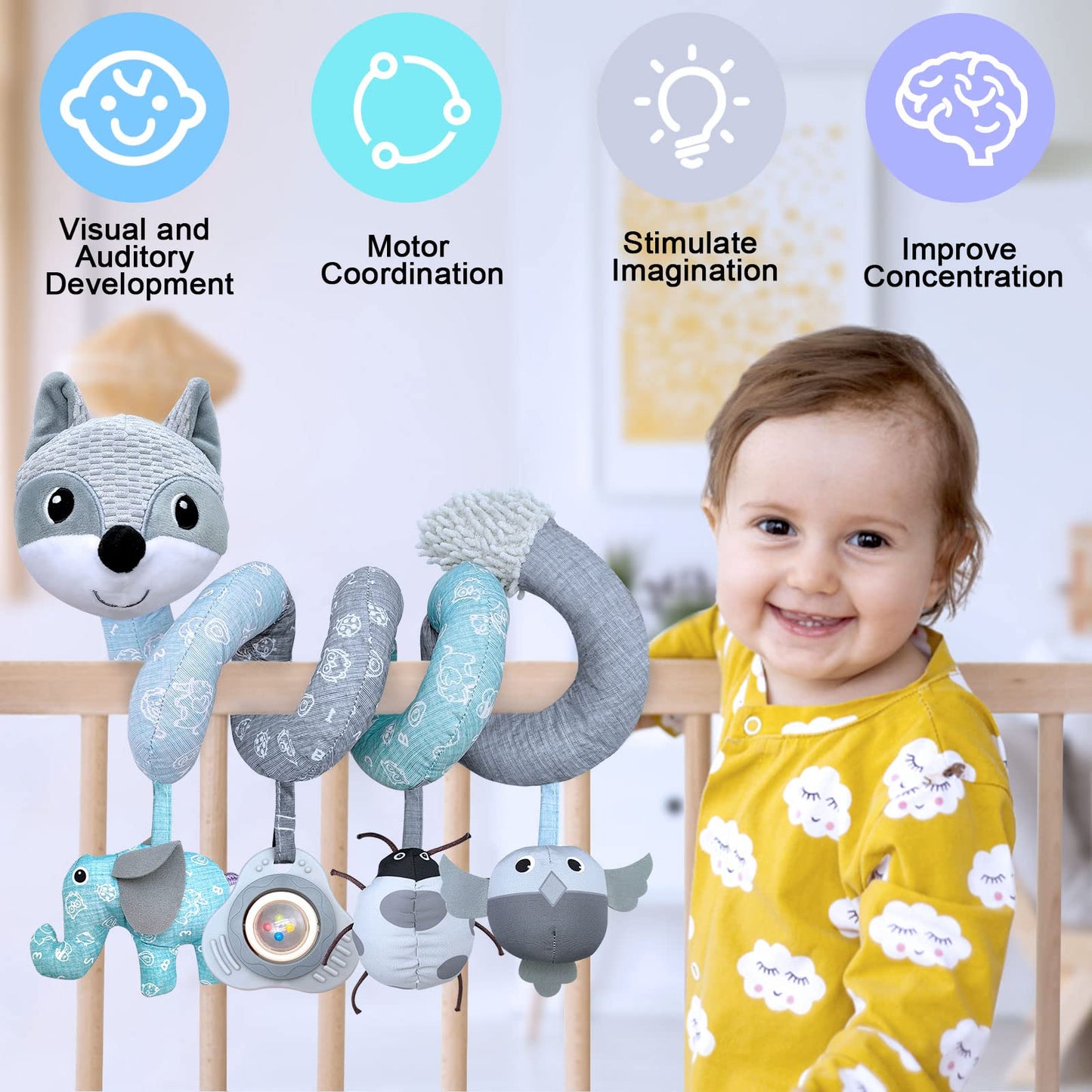 MONSTIME Car Seat Toys for Babies 0-6 Months – Music Rattle, Teether & Mirror