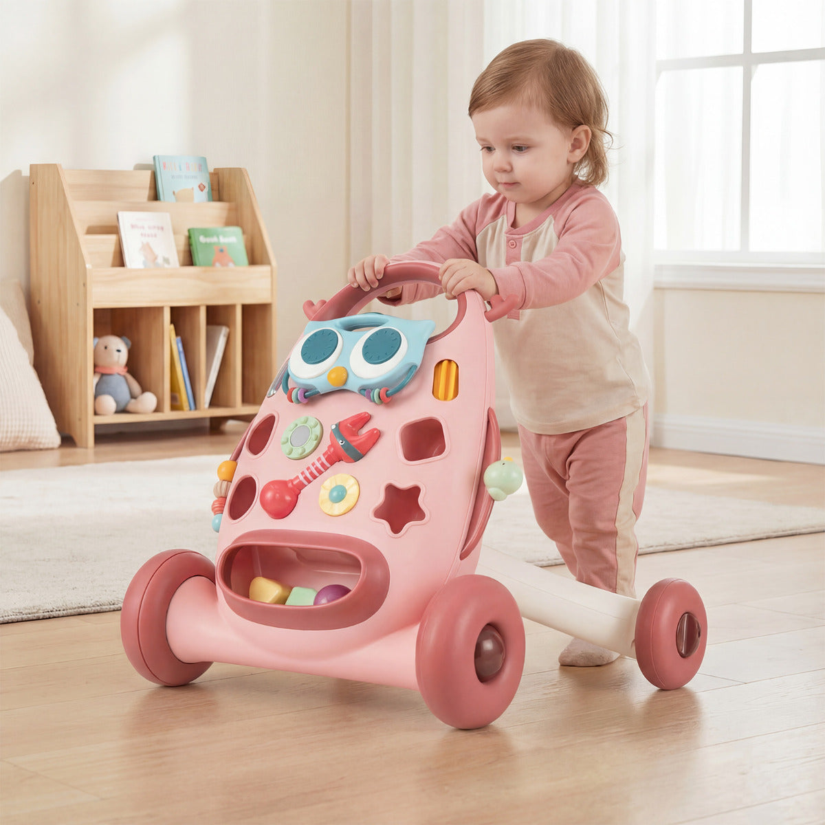 Montessori Baby Walker Toddler Educational Push Toy with Removable Oval Player and Shape Sorter-Blue