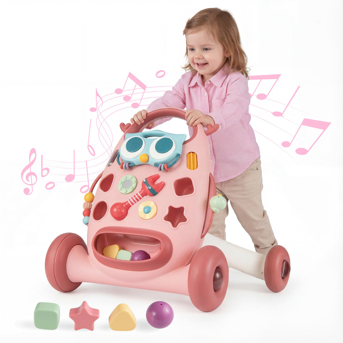 Montessori Baby Walker Toddler Educational Push Toy with Removable Oval Player and Shape Sorter-Blue