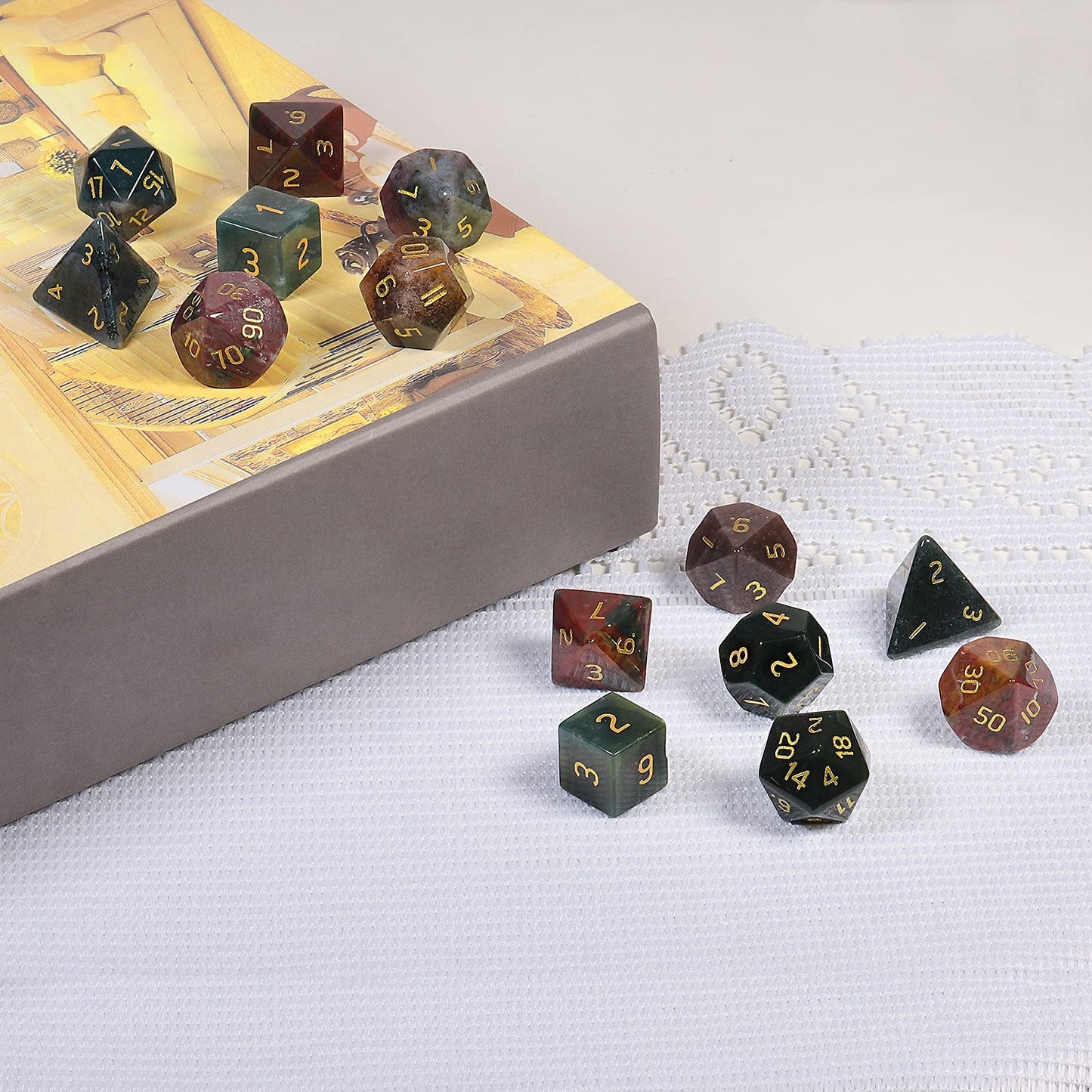 mookaitedecor 7-Piece Indian Agate Crystal Polyhedral DND Dice Set