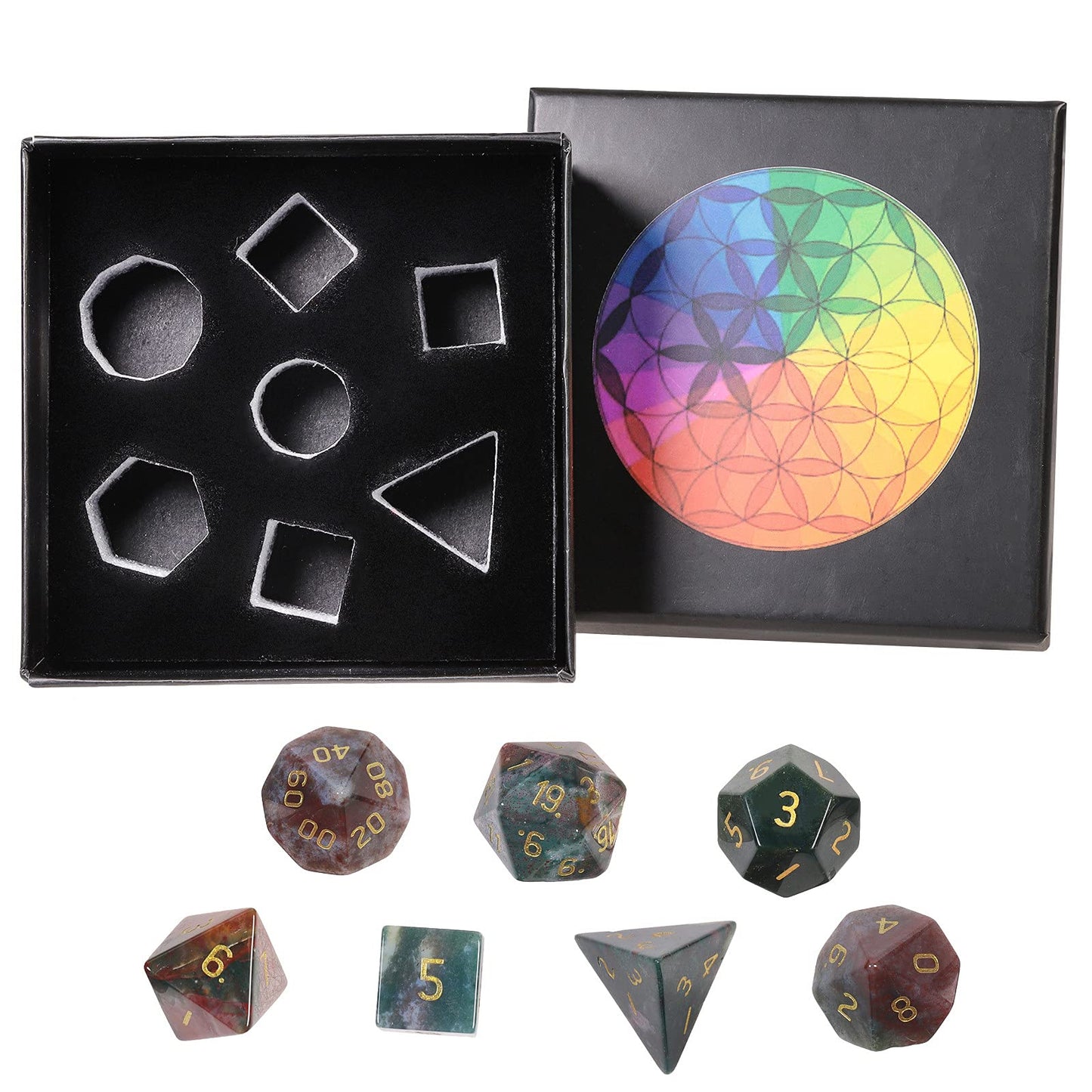 mookaitedecor 7-Piece Indian Agate Crystal Polyhedral DND Dice Set
