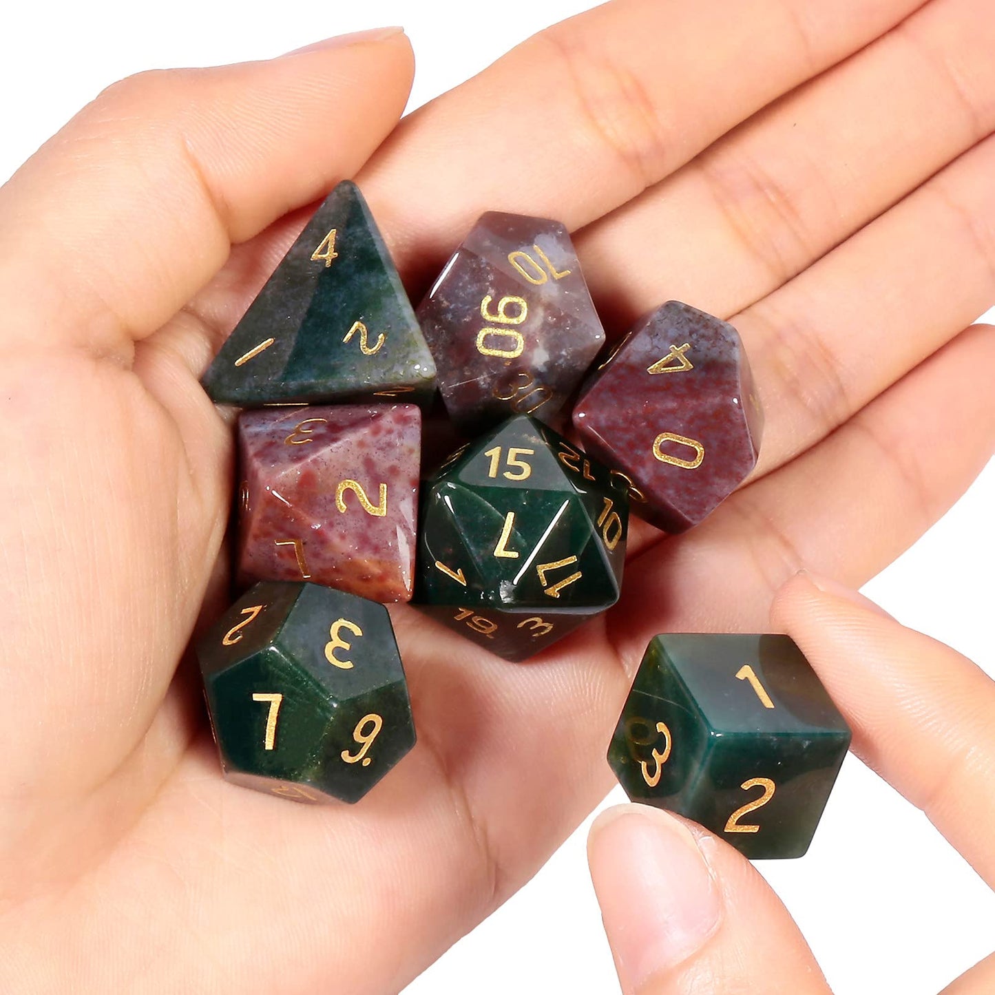 mookaitedecor 7-Piece Indian Agate Crystal Polyhedral DND Dice Set