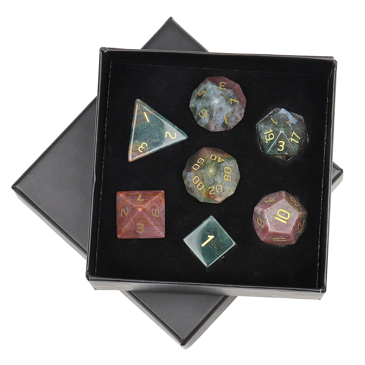 mookaitedecor 7-Piece Indian Agate Crystal Polyhedral DND Dice Set