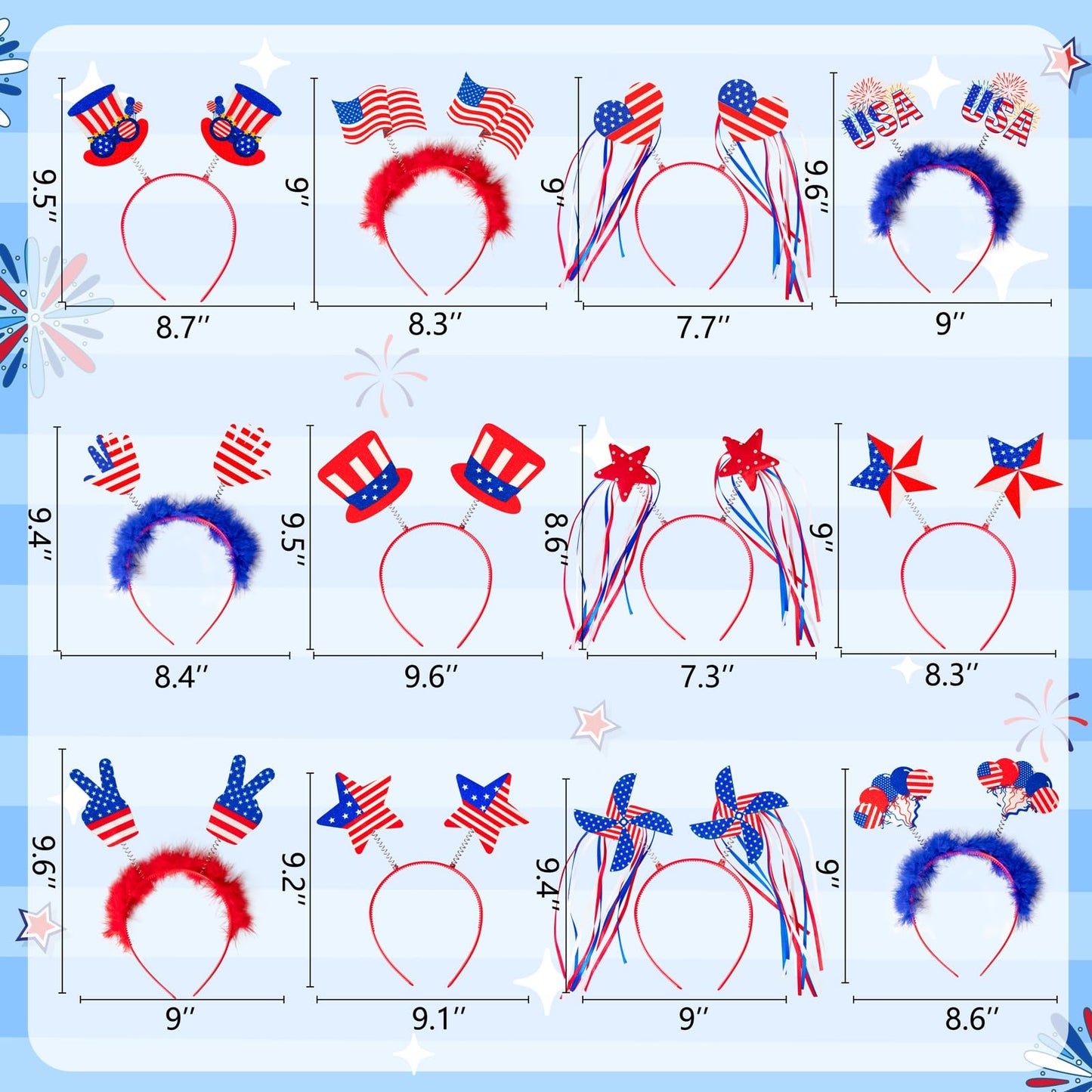 Moon Boat 12PCS Patriotic Head Boppers Headband – Uncle Sam Hats & Star Boppers for 4th of July