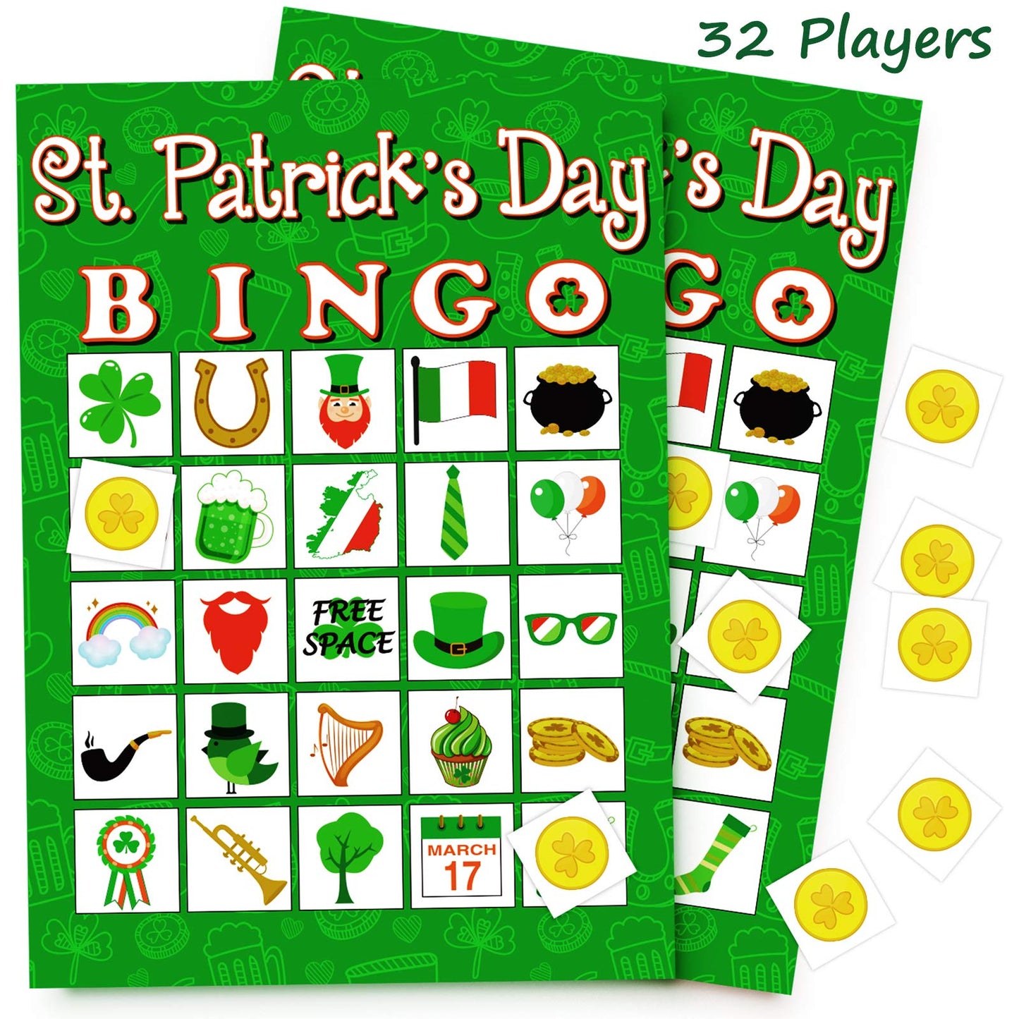 Moon Boat 32-Player St. Patrick’s Day Bingo Game for Adults | Shamrock Party Activity