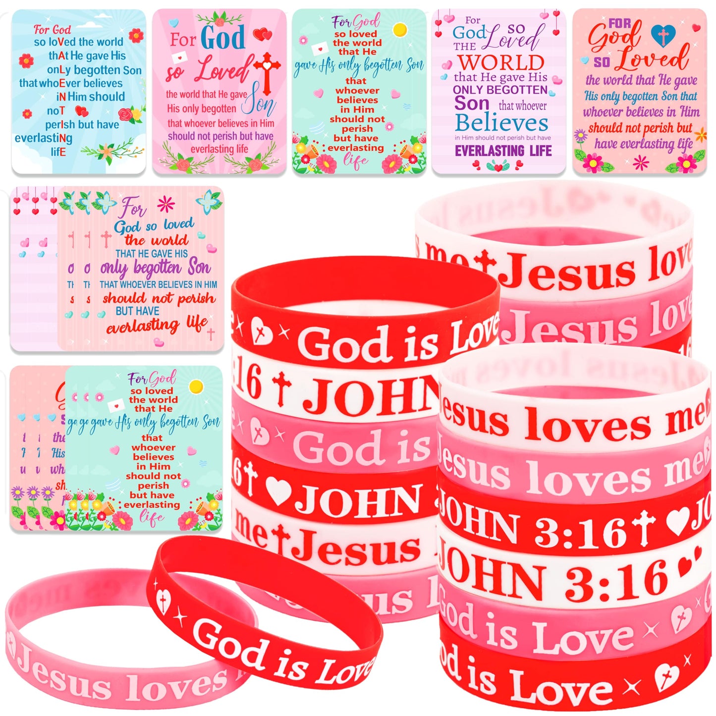 Moon Boat 38-Pack Christian Valentines Day Bracelets & Cards Set | Silicone Wristbands & Nativity Themed Cards