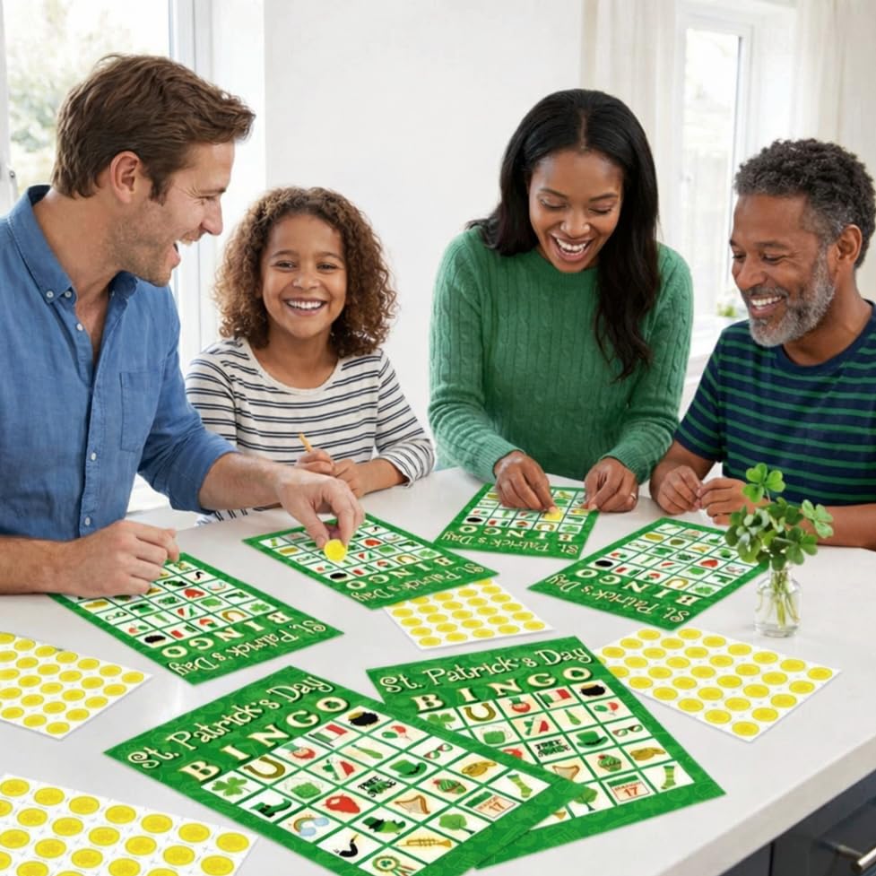Moon Boat 32-Player St. Patrick’s Day Bingo Game for Adults | Shamrock Party Activity