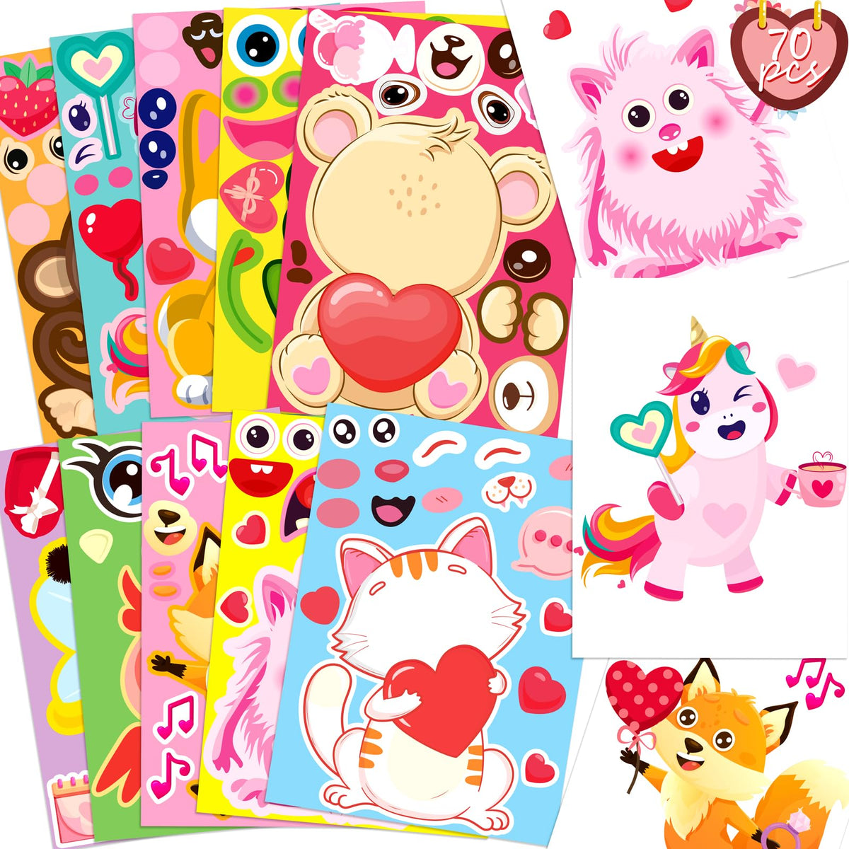 Moon Boat 70Sheets Valentines Stickers for Kids – Dog, Cat, Monster & More