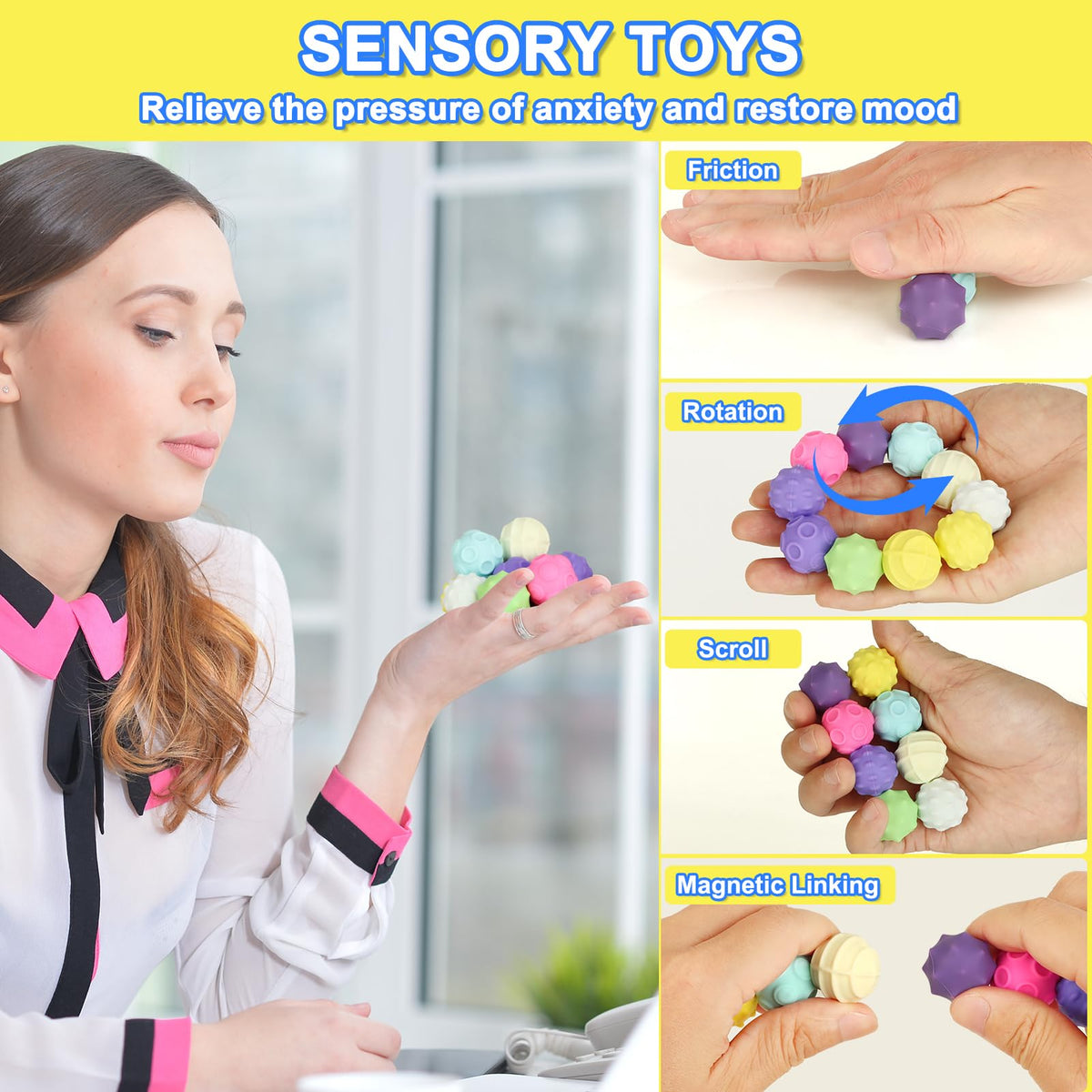 Moonhua 10Pcs Rainbow Texture Magnetic Fidget Toy Kit – 24mm Multicolor Sensory Balls for Focus and Calm