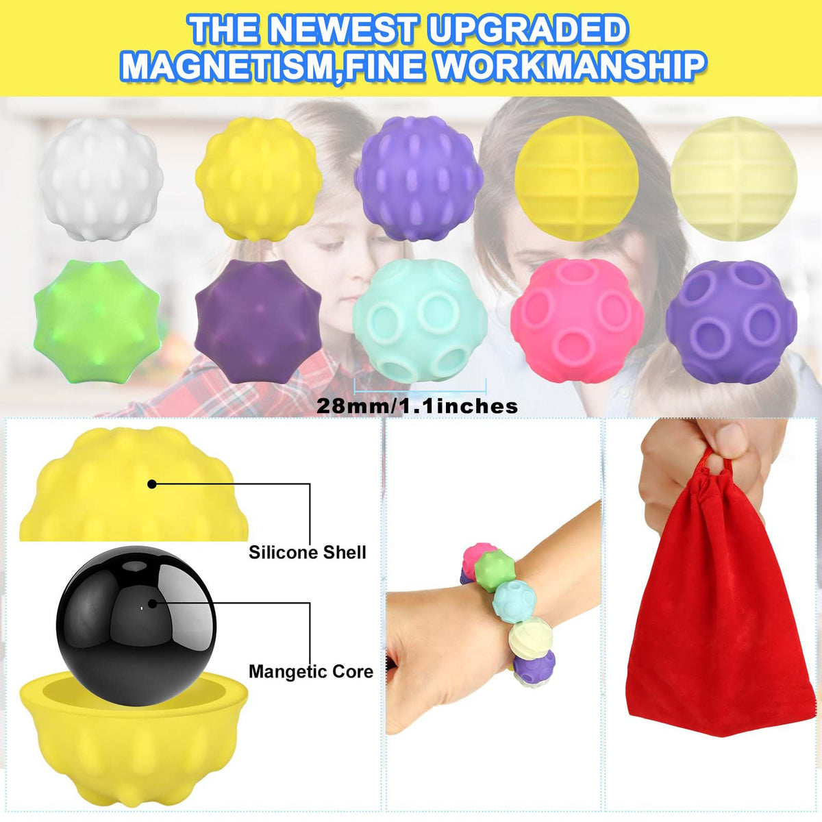 Moonhua 10Pcs Rainbow Texture Sensory Fidget Toy – Colorful 28mm Fidget Balls for Focus, Relaxation, and Creative Play