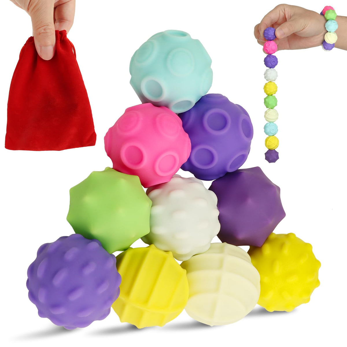 Moonhua 10Pcs Rainbow Texture Sensory Fidget Toy – Colorful 28mm Fidget Balls for Focus, Relaxation, and Creative Play
