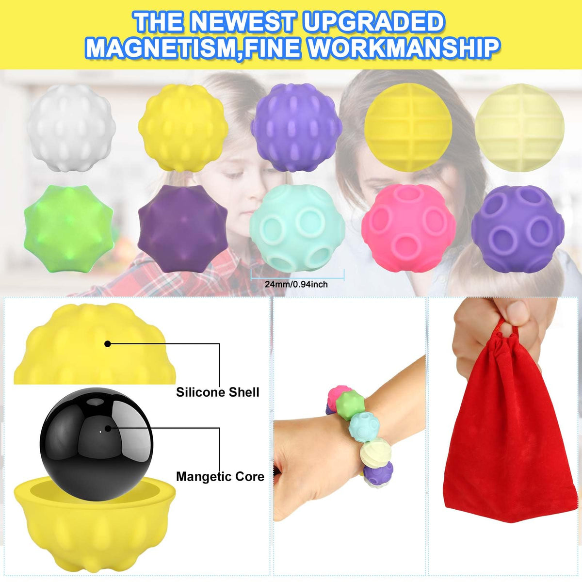 Moonhua 10Pcs Rainbow Texture Magnetic Fidget Toy Kit – 24mm Multicolor Sensory Balls for Focus and Calm