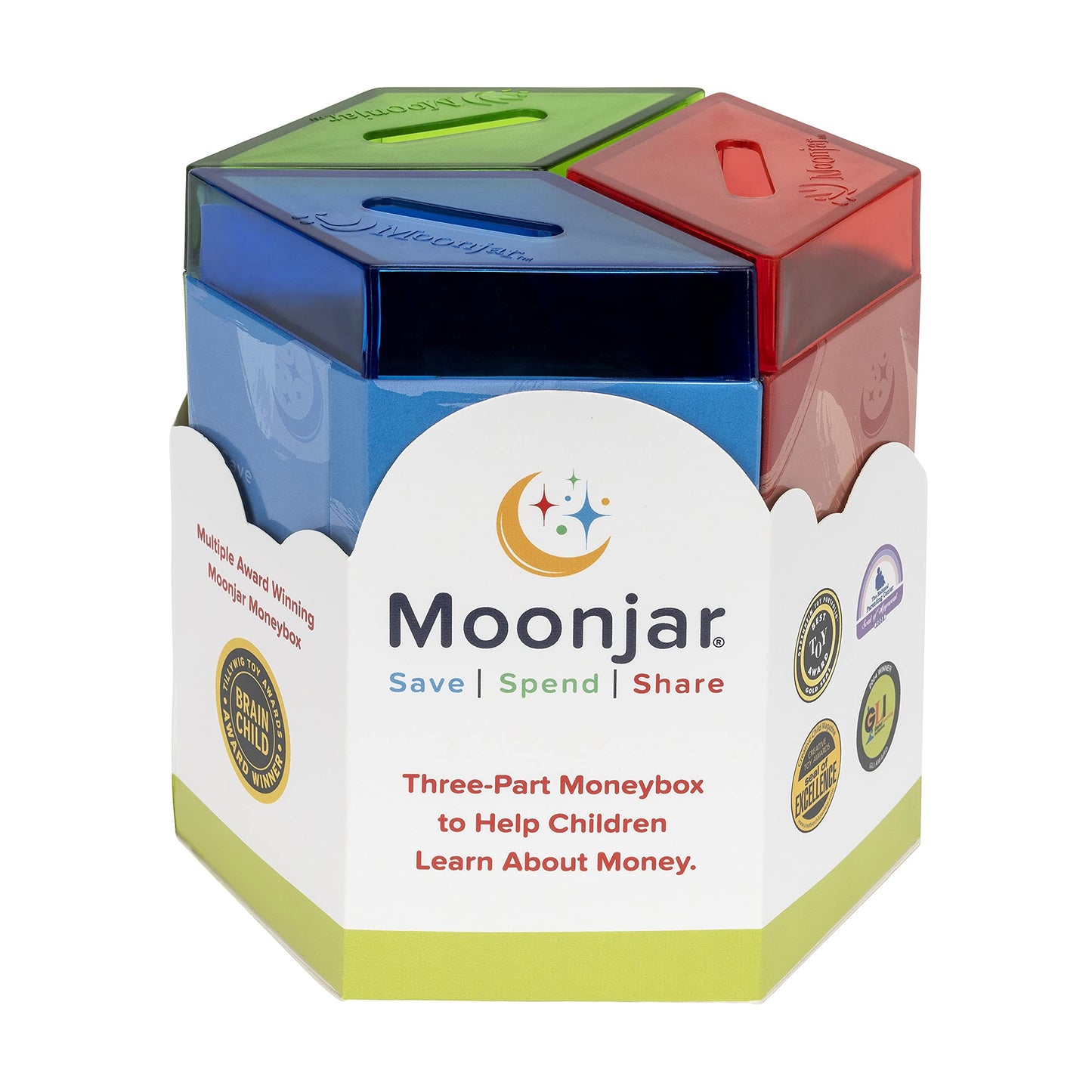 Moonjar Classic Award-Winning Save Spend Share Moneybox for Kids 3+ | Passbook Included