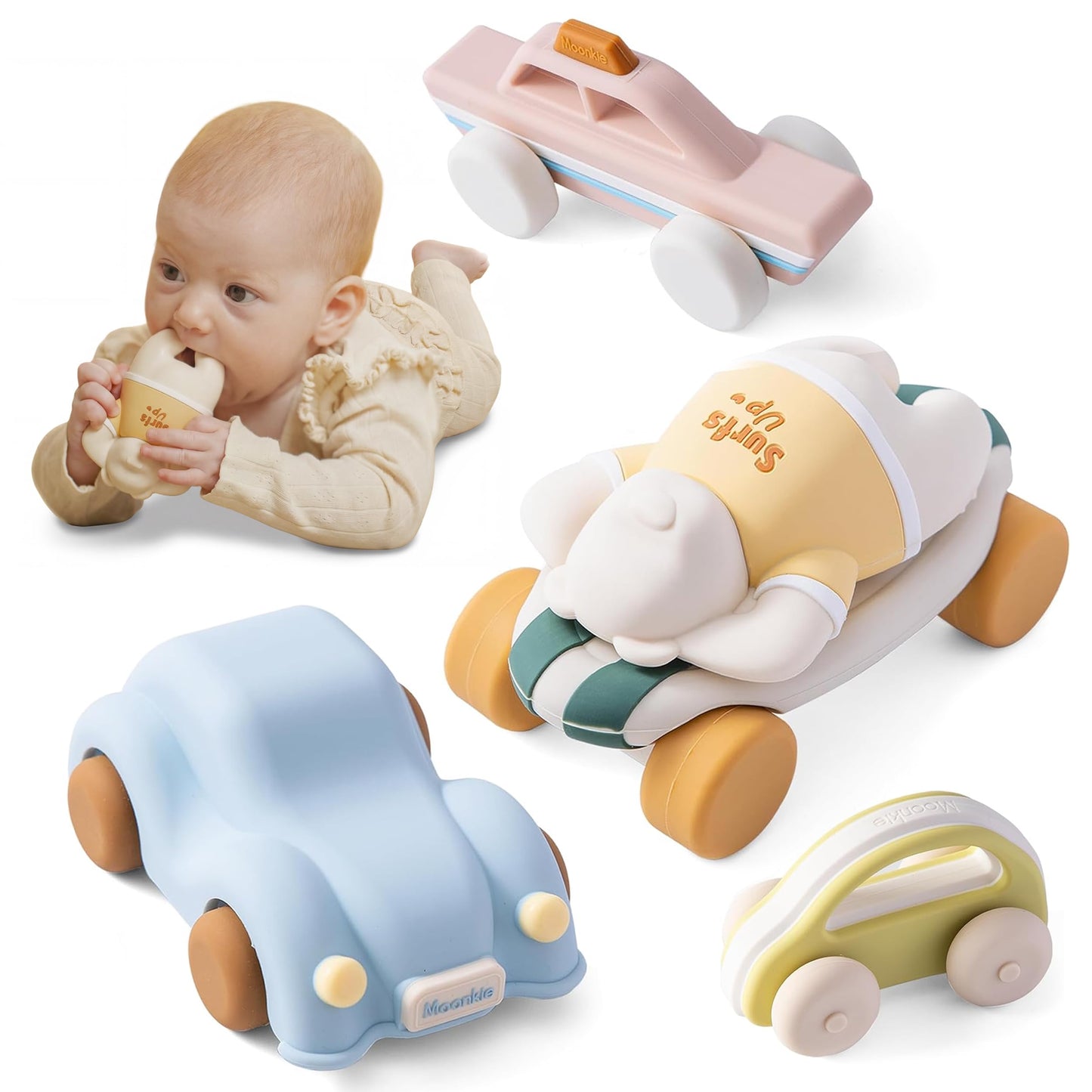Moonkie Food Grade Silicone Toy Cars – 5-Pack Push & Go Baby Toys (4–12 Months)