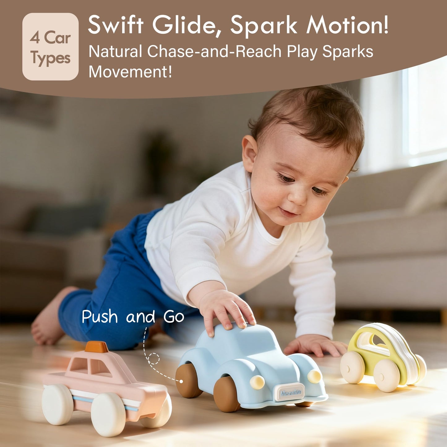 Moonkie Food Grade Silicone Toy Cars – 5-Pack Push & Go Baby Toys (4–12 Months)