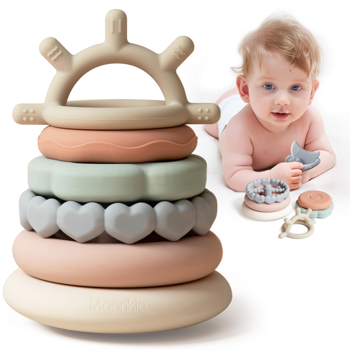 Moonkie Stacks of Circles Soft Teething Toy – 7-Piece Stacking Ring Set for Babies