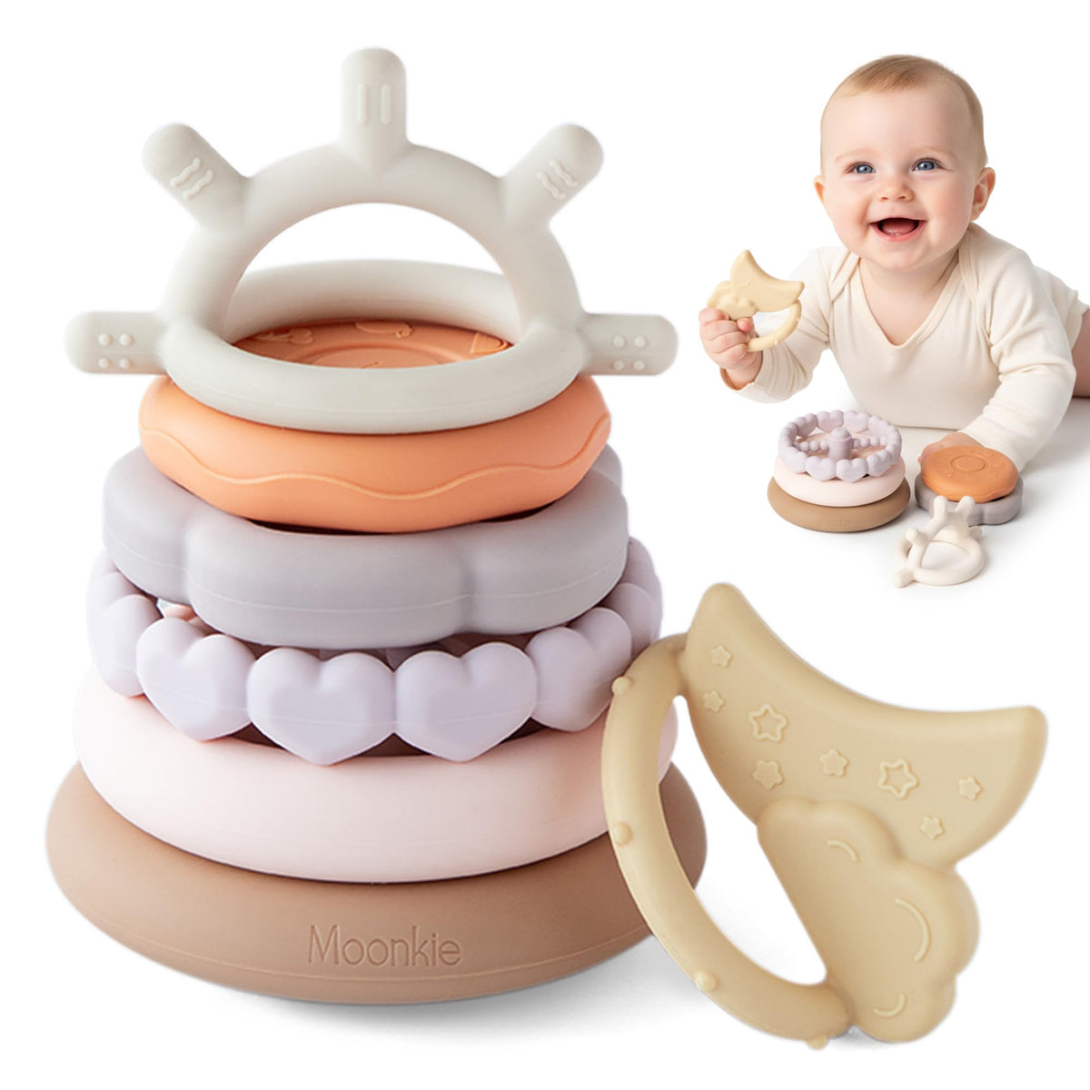 Moonkie Stacks of Circles Soft Teething Toy – 7-Piece Silicone Stacking Rings for Babies