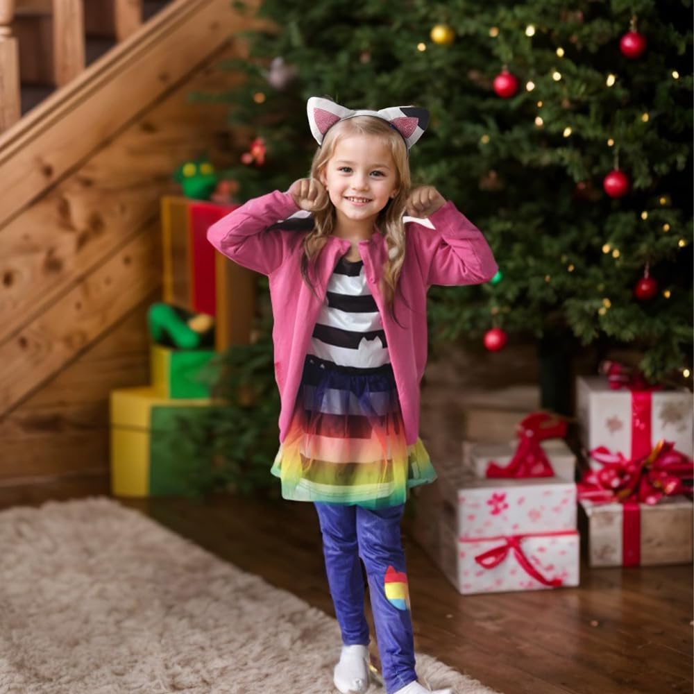 Moonlight Bob 4-Piece Cat Dollhouse Costume Set for Girls – Rainbow Tutu Dress, Knit Jacket & Headband