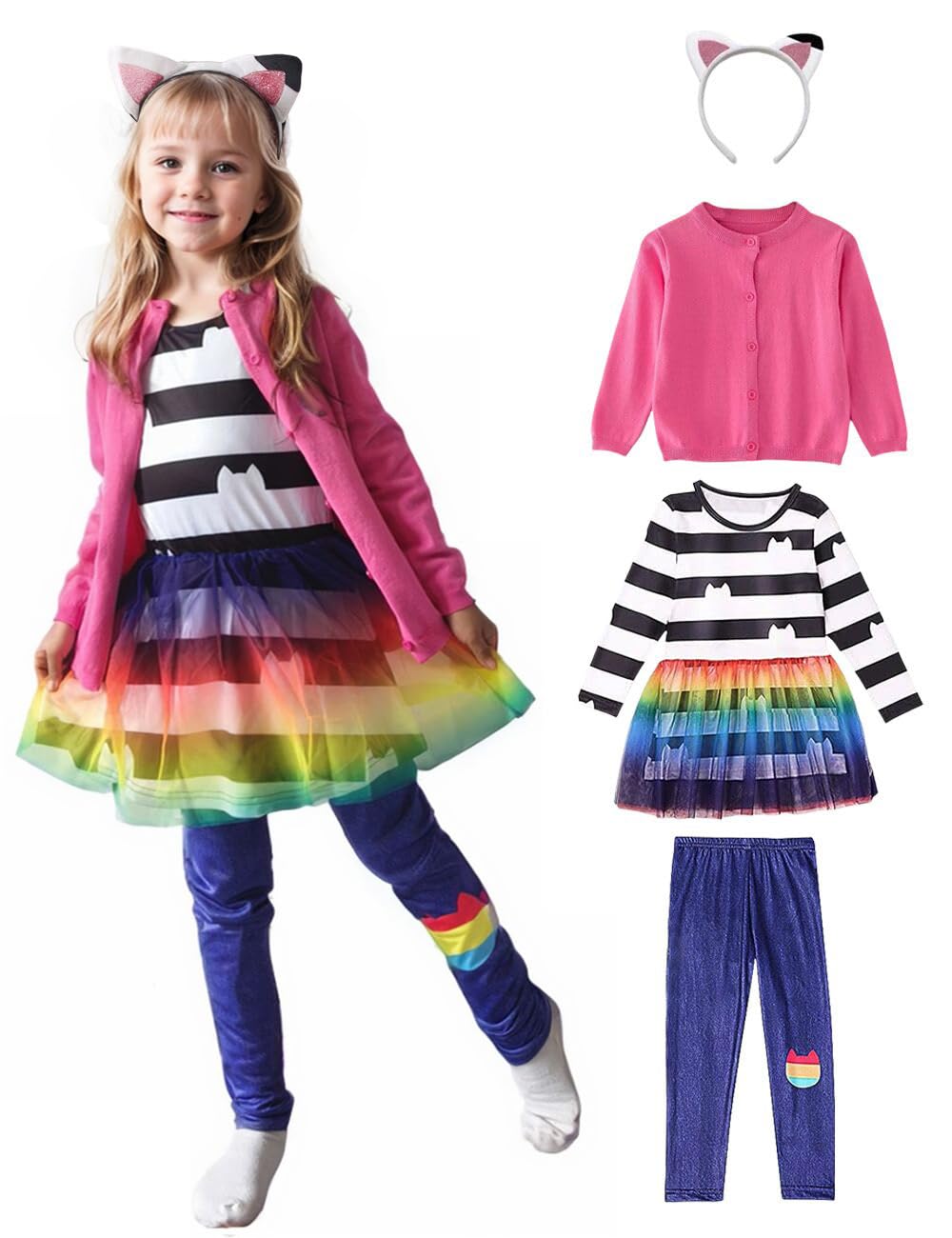 Moonlight Bob 4-Piece Cat Dollhouse Costume Set for Girls – Rainbow Tutu Dress, Knit Jacket & Headband