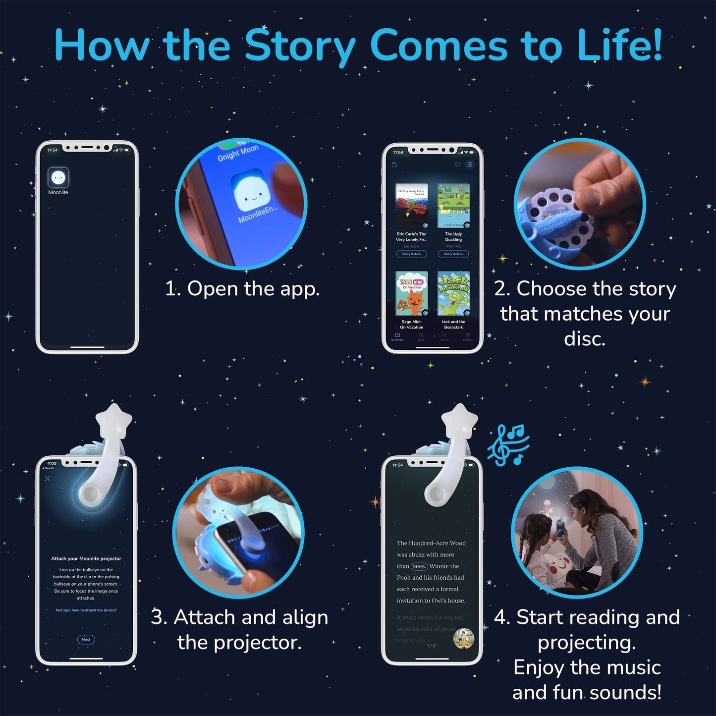 Moonlite Storytime Starter Pack: Smartphone Projector, Four Eric Carle Tales & Picture Disc