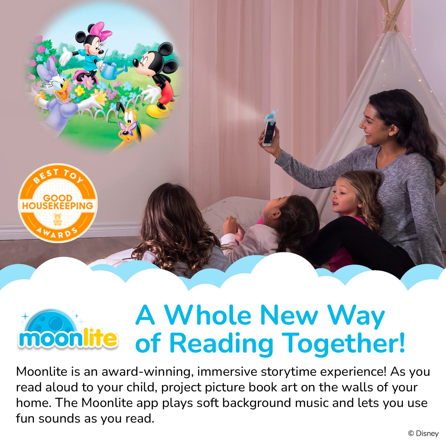 Moonlite Storytime Starter Pack — Smartphone Projector, Four Mickey & Friends Stories