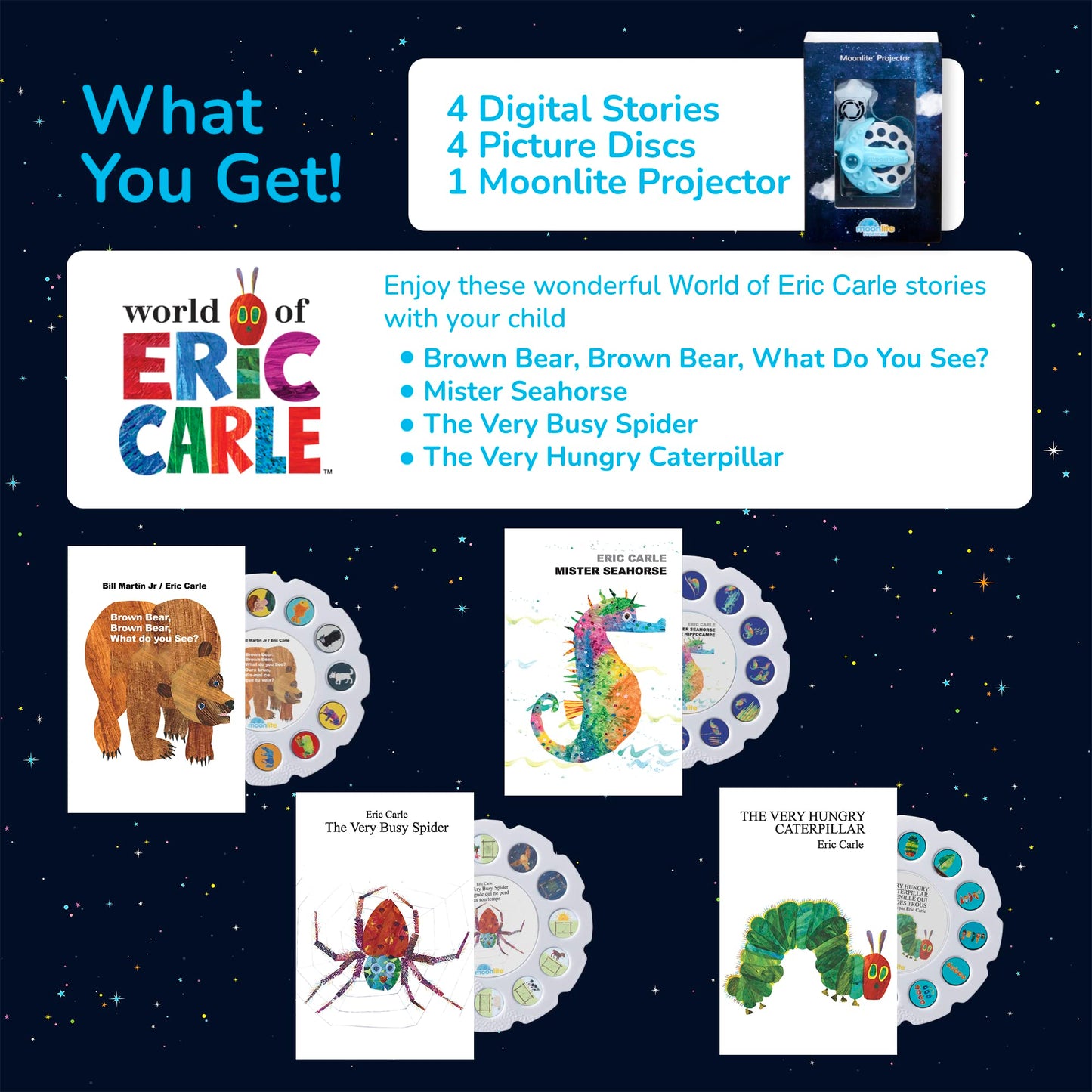 Moonlite Storytime Starter Pack: Smartphone Projector, Four Eric Carle Tales & Picture Disc